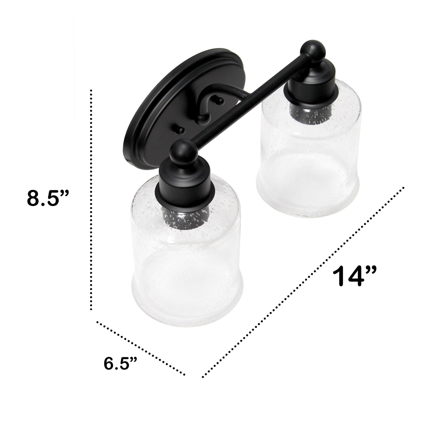 All The Rages Lalia Home Black Studio Loft Modern 2-Light Metal Vanity Light With Clear Seeded Glass Shades