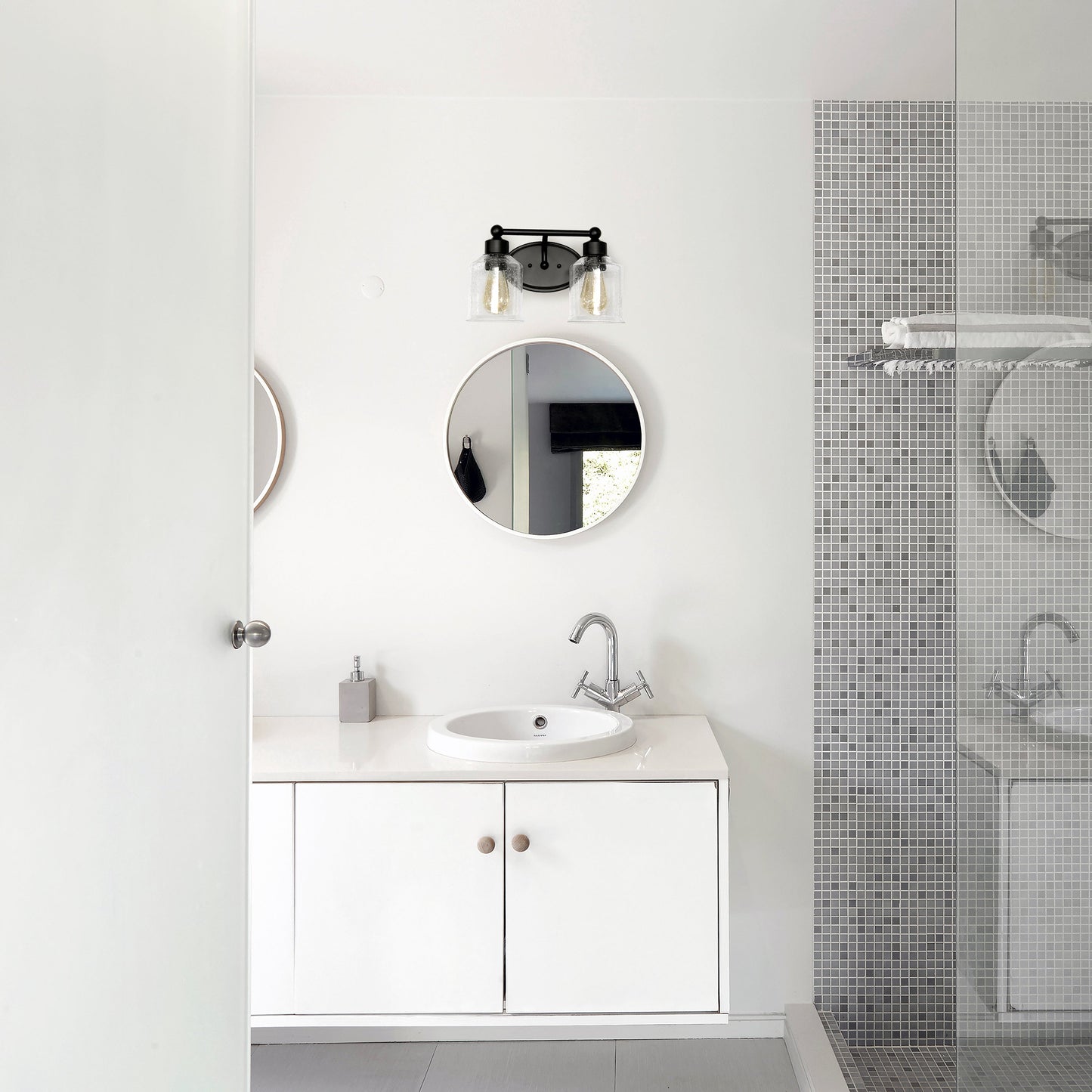 All The Rages Lalia Home Black Studio Loft Modern 2-Light Metal Vanity Light With Clear Seeded Glass Shades