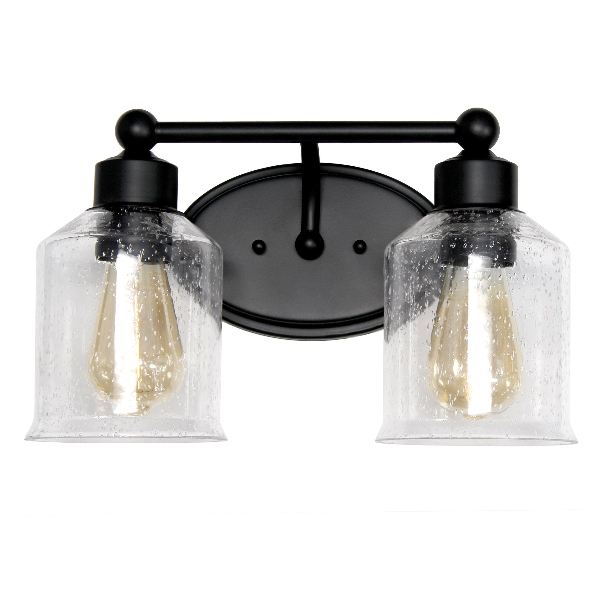 All The Rages Lalia Home Black Studio Loft Modern 2-Light Metal Vanity Light With Clear Seeded Glass Shades