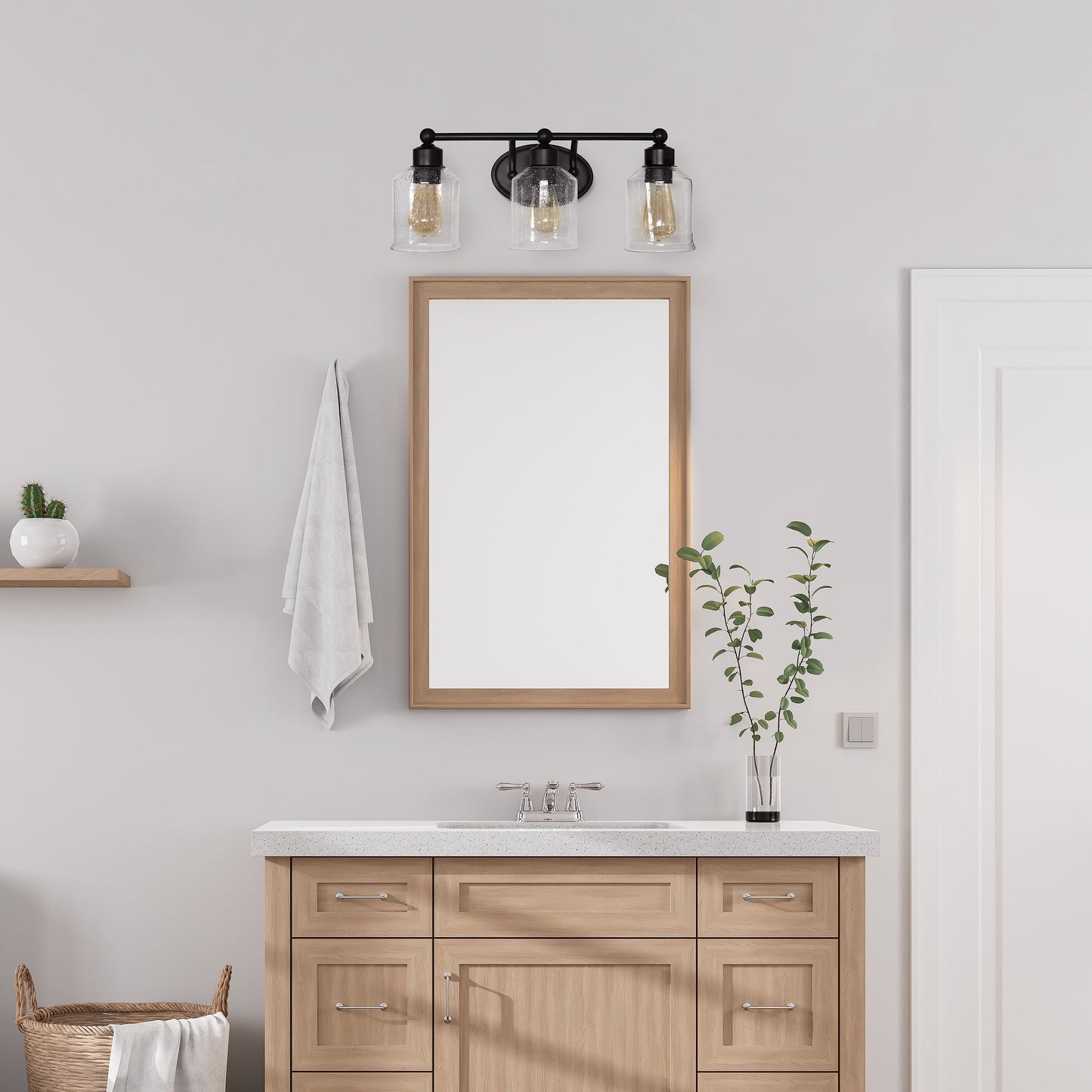 All The Rages Lalia Home Black Studio Loft Modern 3-Light Metal Vanity Light With Clear Seeded Glass Shades