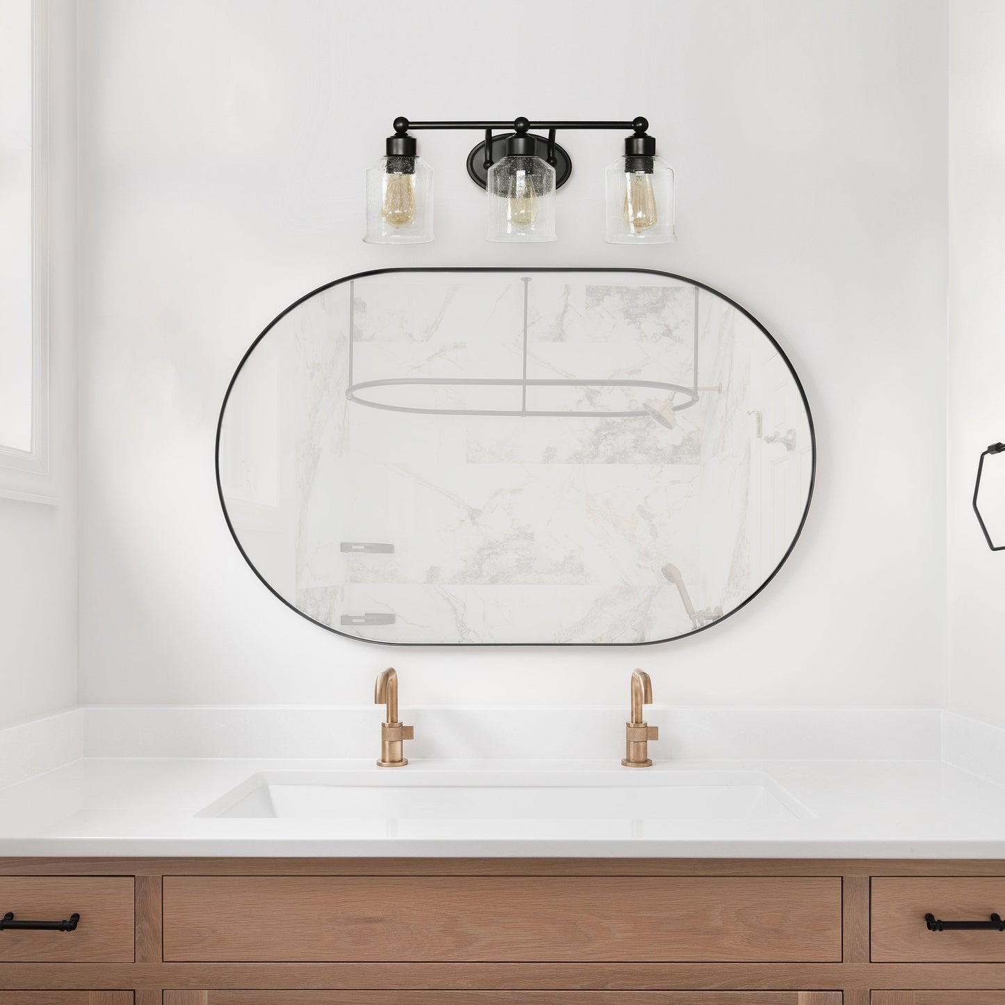 All The Rages Lalia Home Black Studio Loft Modern 3-Light Metal Vanity Light With Clear Seeded Glass Shades