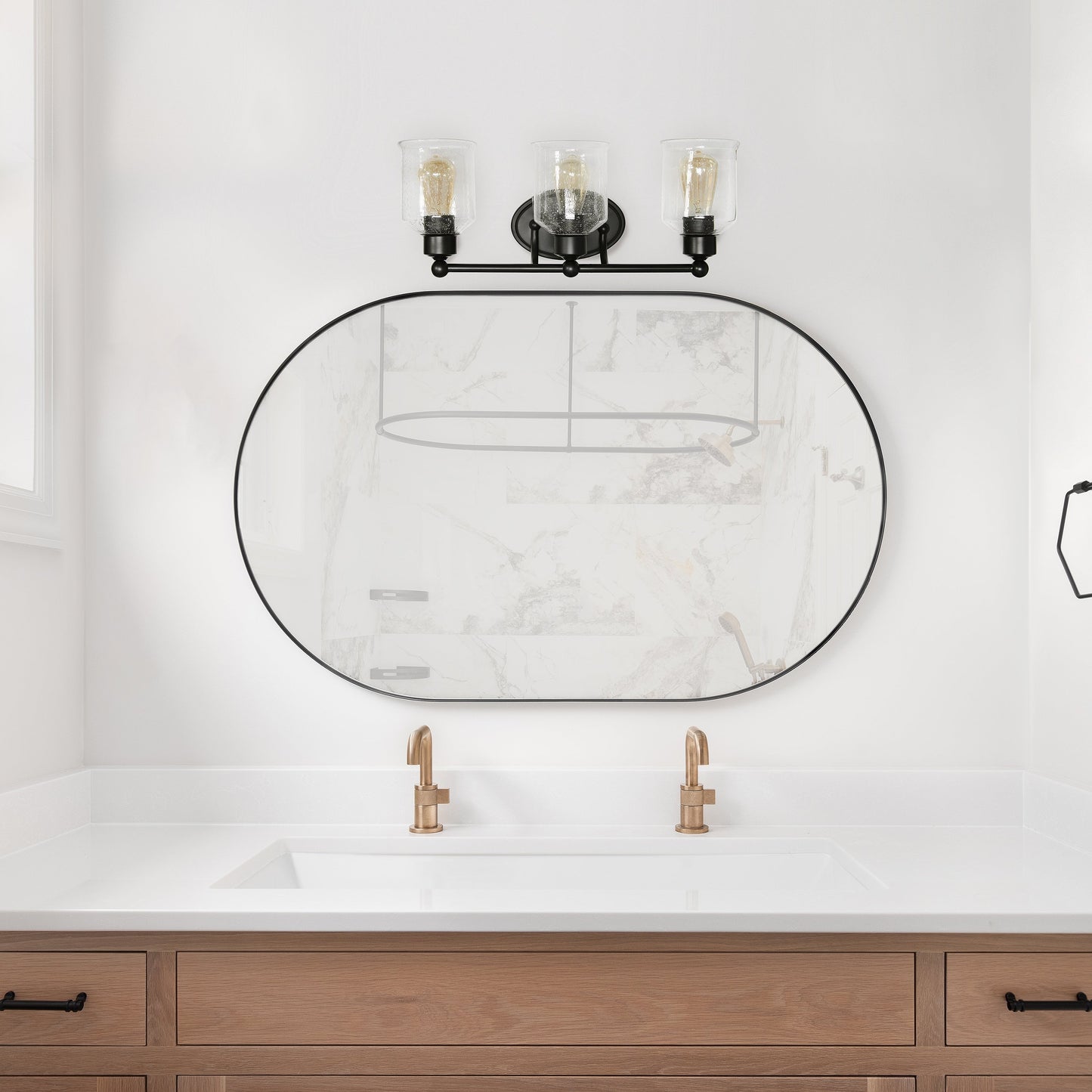 All The Rages Lalia Home Black Studio Loft Modern 3-Light Metal Vanity Light With Clear Seeded Glass Shades