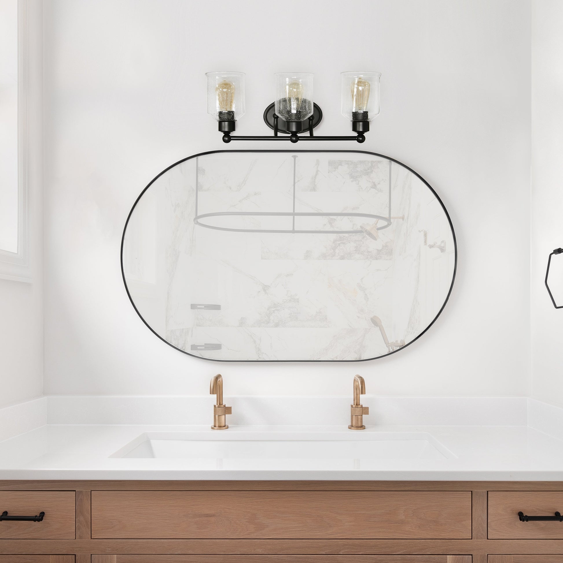 All The Rages Lalia Home Black Studio Loft Modern 3-Light Metal Vanity Light With Clear Seeded Glass Shades
