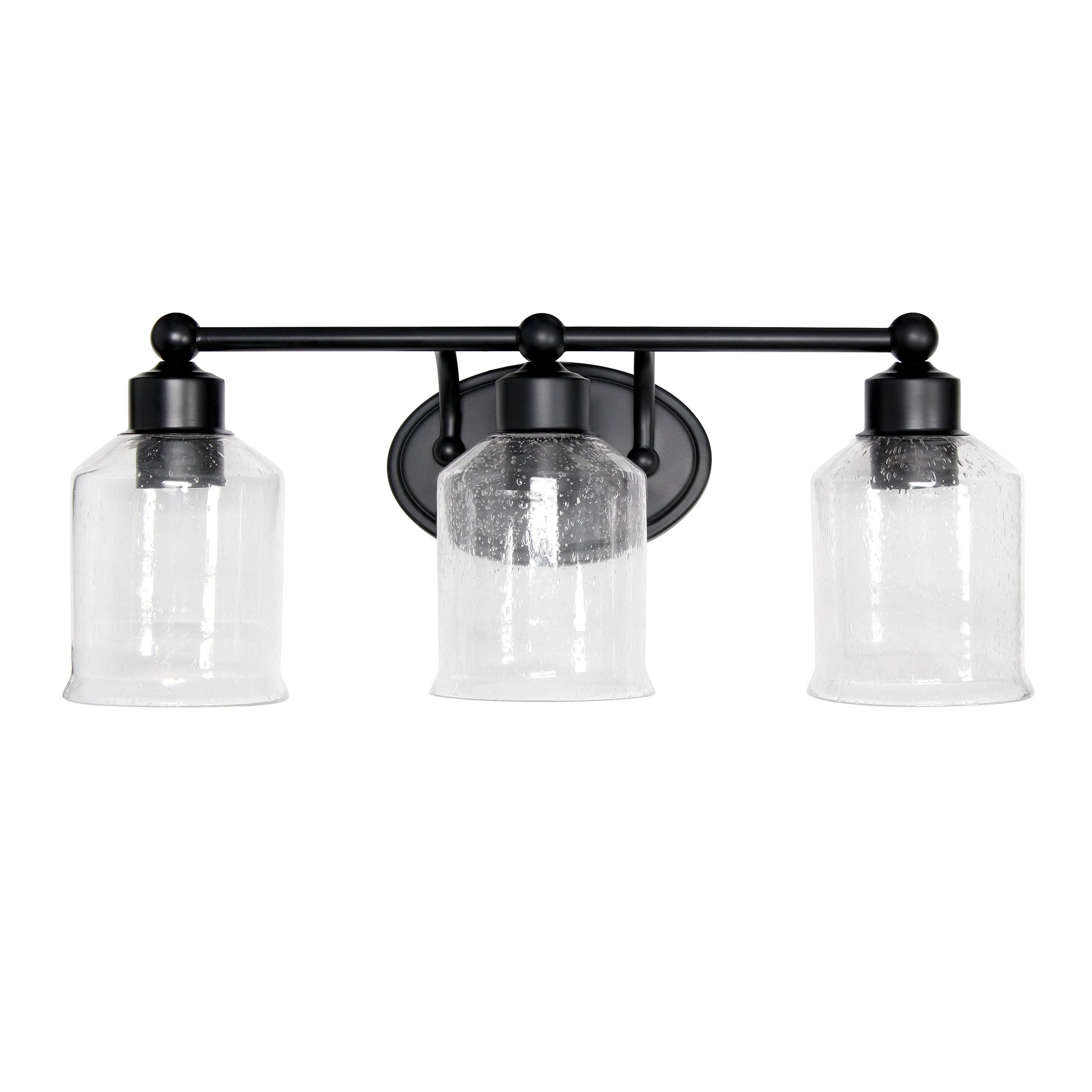 All The Rages Lalia Home Black Studio Loft Modern 3-Light Metal Vanity Light With Clear Seeded Glass Shades