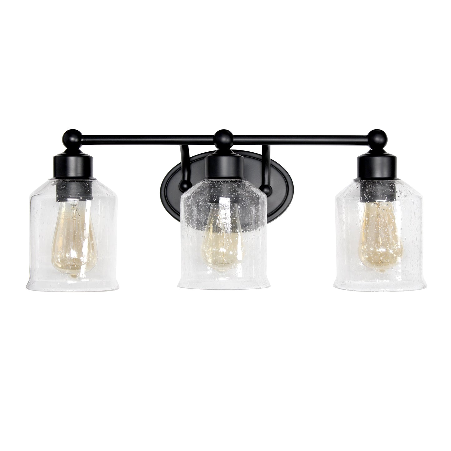 All The Rages Lalia Home Black Studio Loft Modern 3-Light Metal Vanity Light With Clear Seeded Glass Shades