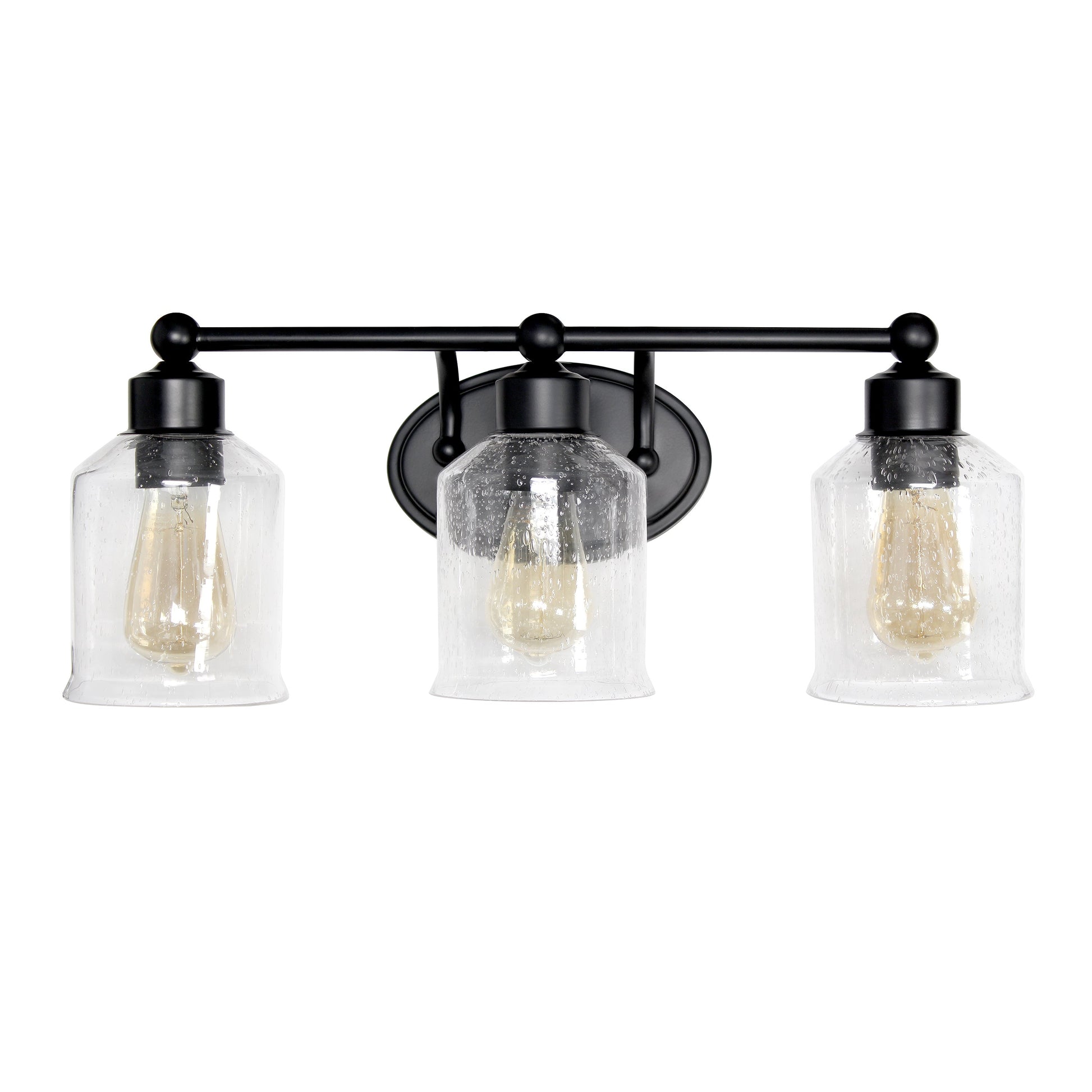 All The Rages Lalia Home Black Studio Loft Modern 3-Light Metal Vanity Light With Clear Seeded Glass Shades