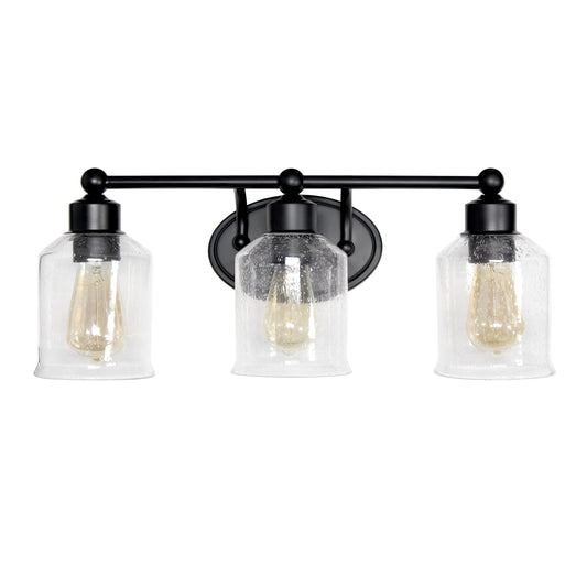 All The Rages Lalia Home Black Studio Loft Modern 3-Light Metal Vanity Light With Clear Seeded Glass Shades