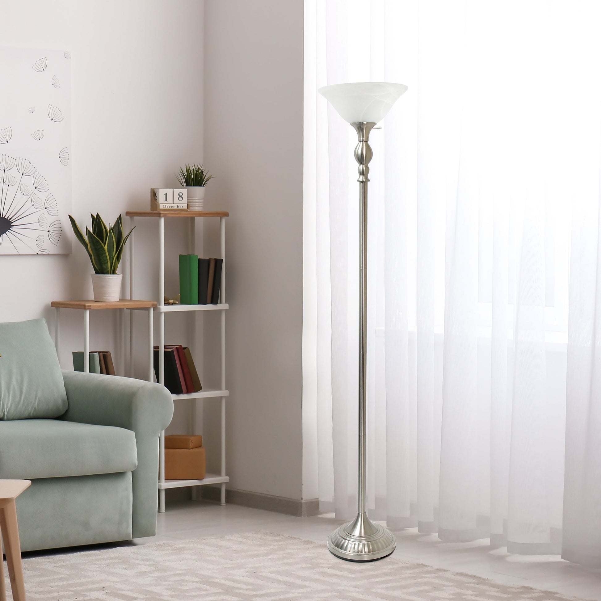 All The Rages Lalia Home Brushed Nickel 1-Light Classic Torchiere Floor Lamp With Marbleized Glass Shade