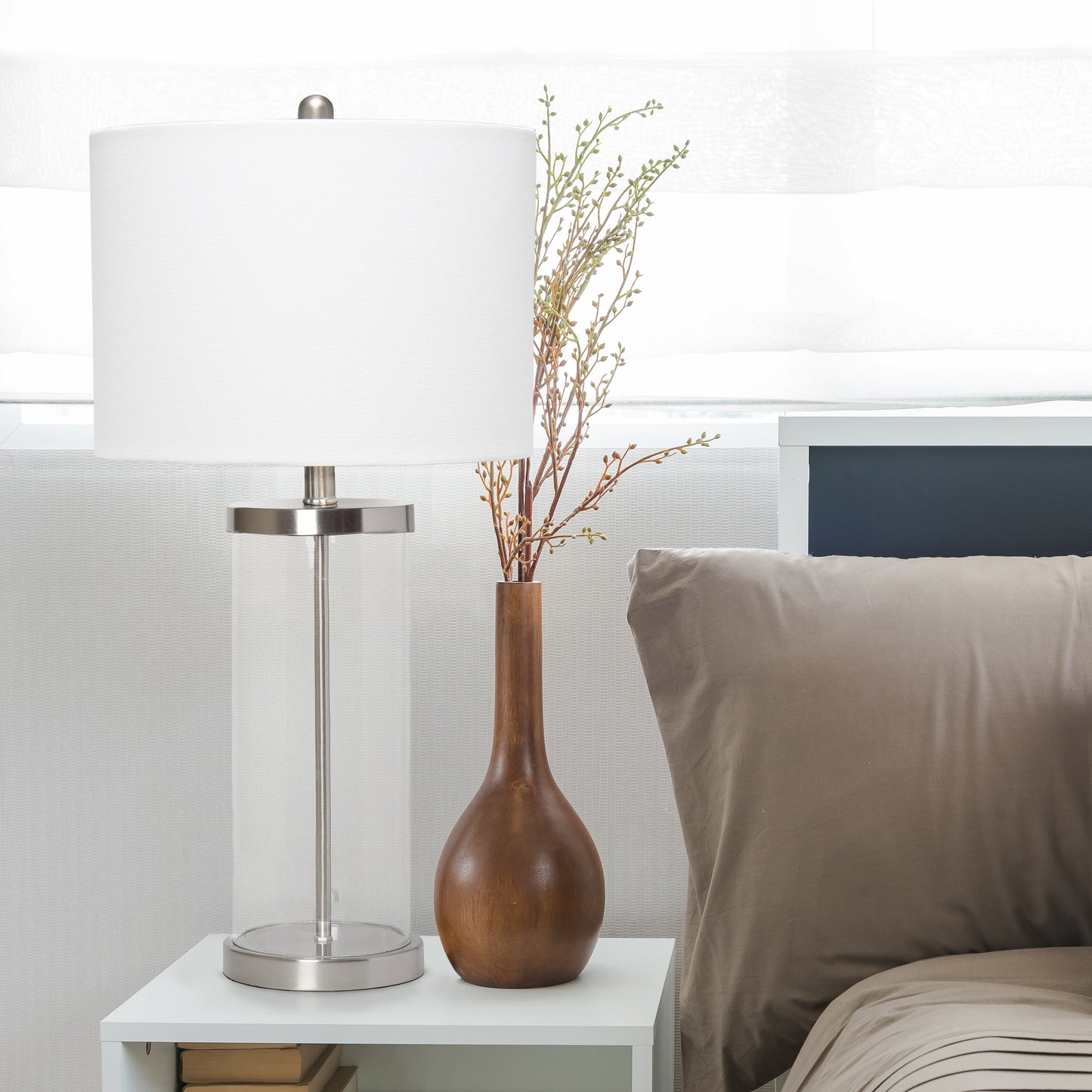 All The Rages Lalia Home Brushed Nickel Entrapped Glass Table Lamp With White Fabric Shade