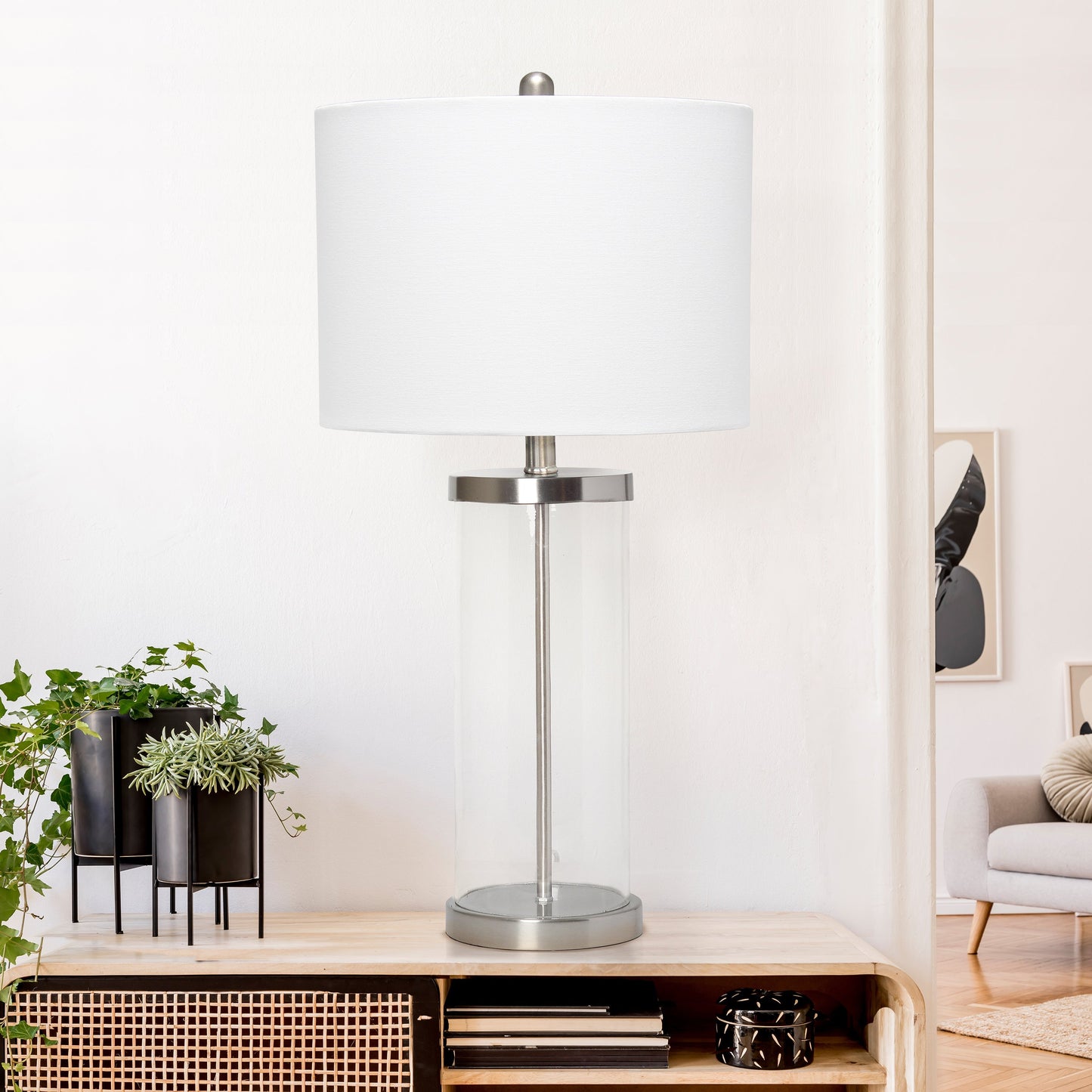 All The Rages Lalia Home Brushed Nickel Entrapped Glass Table Lamp With White Fabric Shade