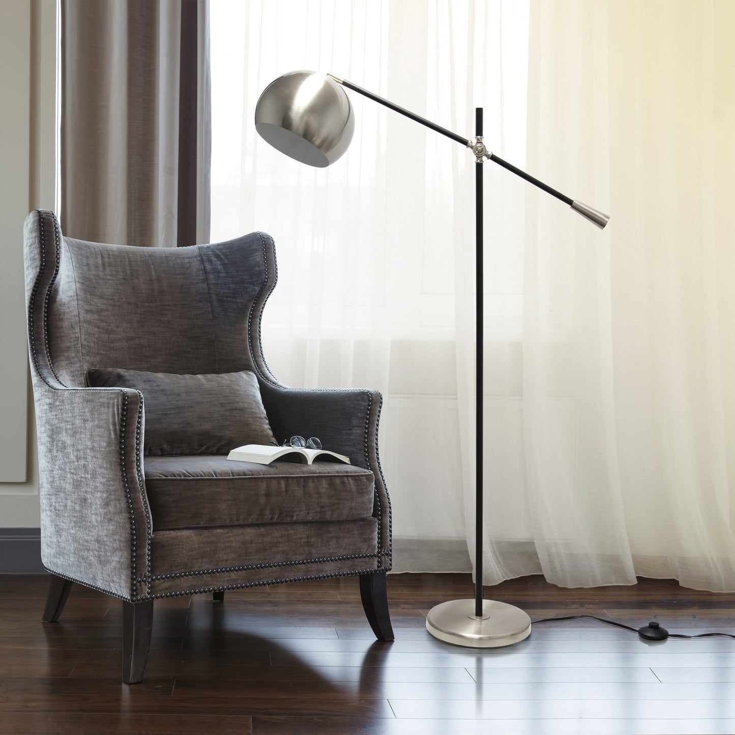 All The Rages Lalia Home Brushed Nickel & Matte Black Swivel Floor Lamp With Inner White Dome Shade