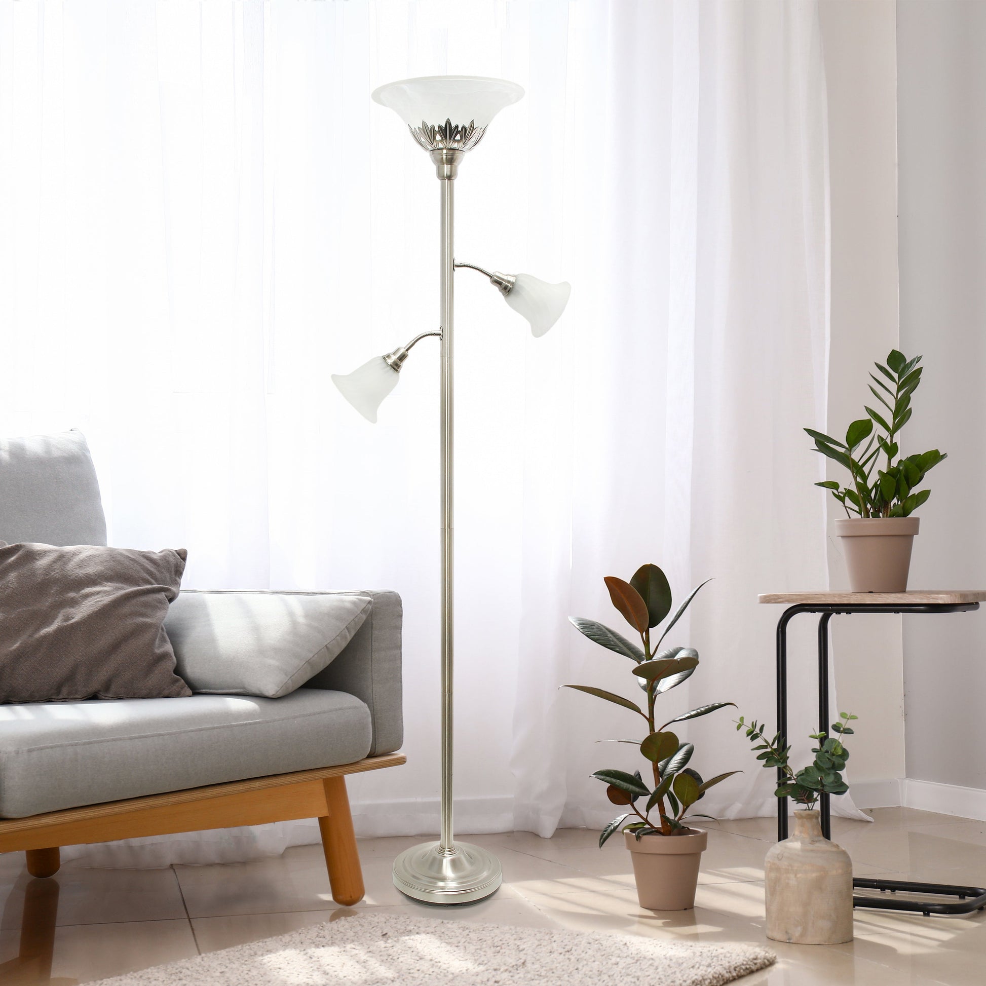 All The Rages Lalia Home Brushed Nickel Torchiere Floor Lamp With 2 Reading Lights & Scalloped Glass Shades