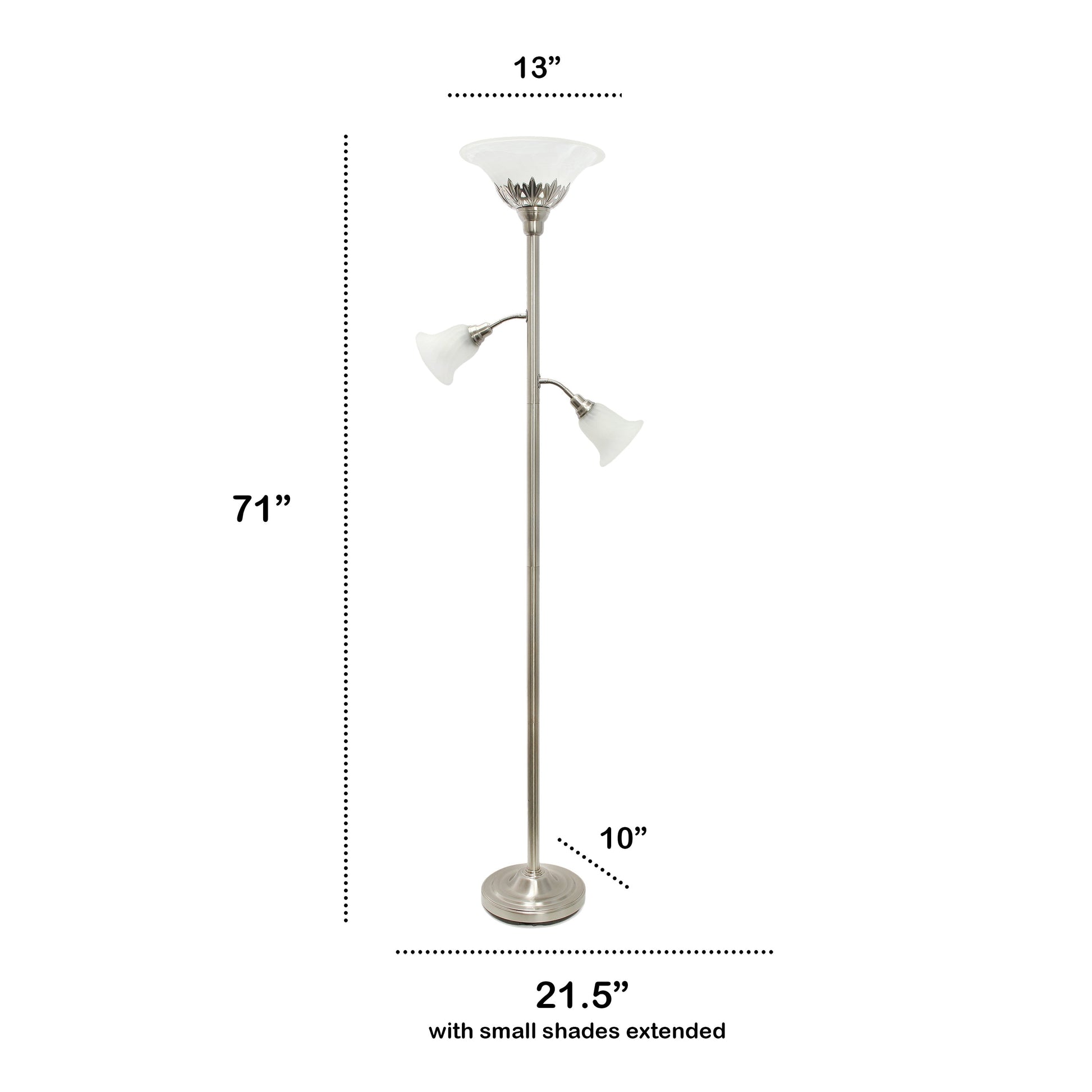 All The Rages Lalia Home Brushed Nickel Torchiere Floor Lamp With 2 Reading Lights & Scalloped Glass Shades