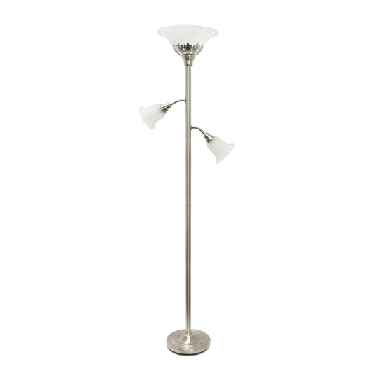 All The Rages Lalia Home Brushed Nickel Torchiere Floor Lamp With 2 Reading Lights & Scalloped Glass Shades