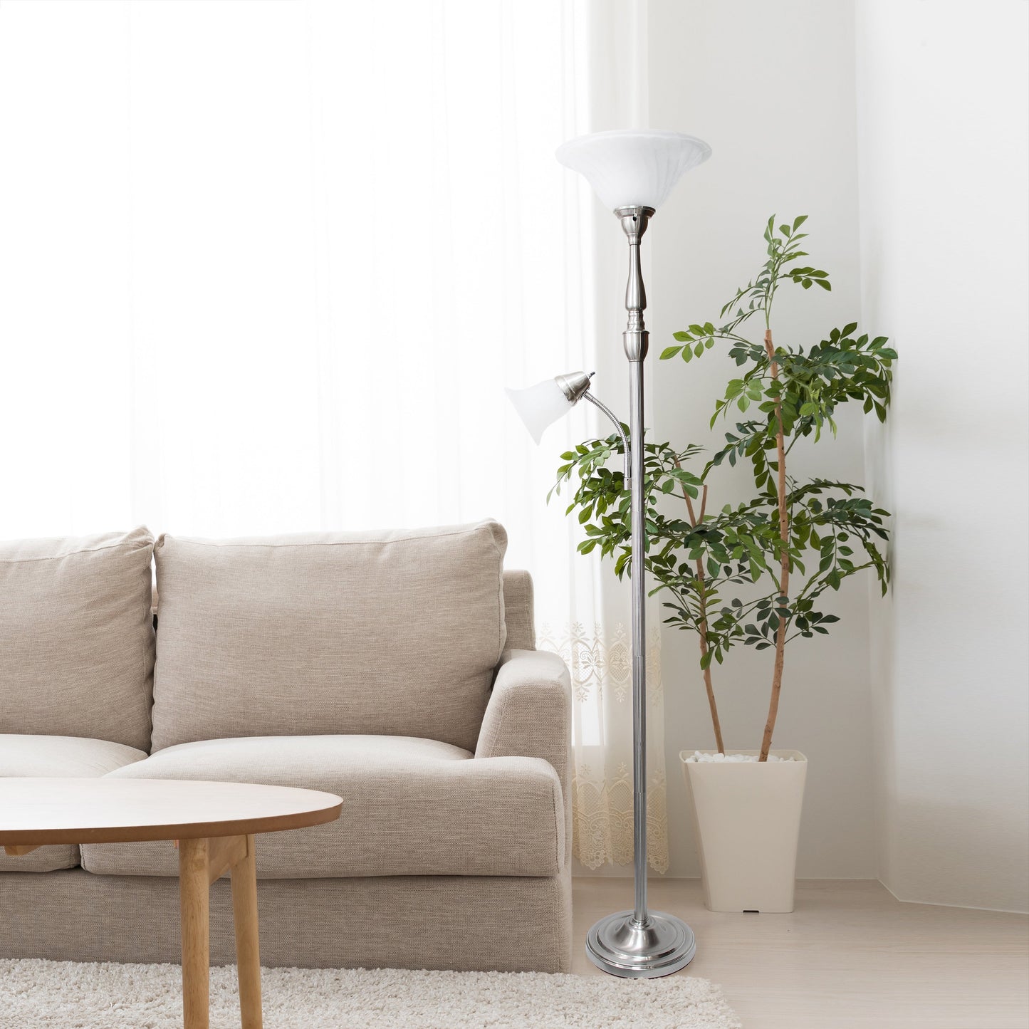 All The Rages Lalia Home Brushed Nickel Torchiere Floor Lamp With Reading Light & Marble Glass Shades