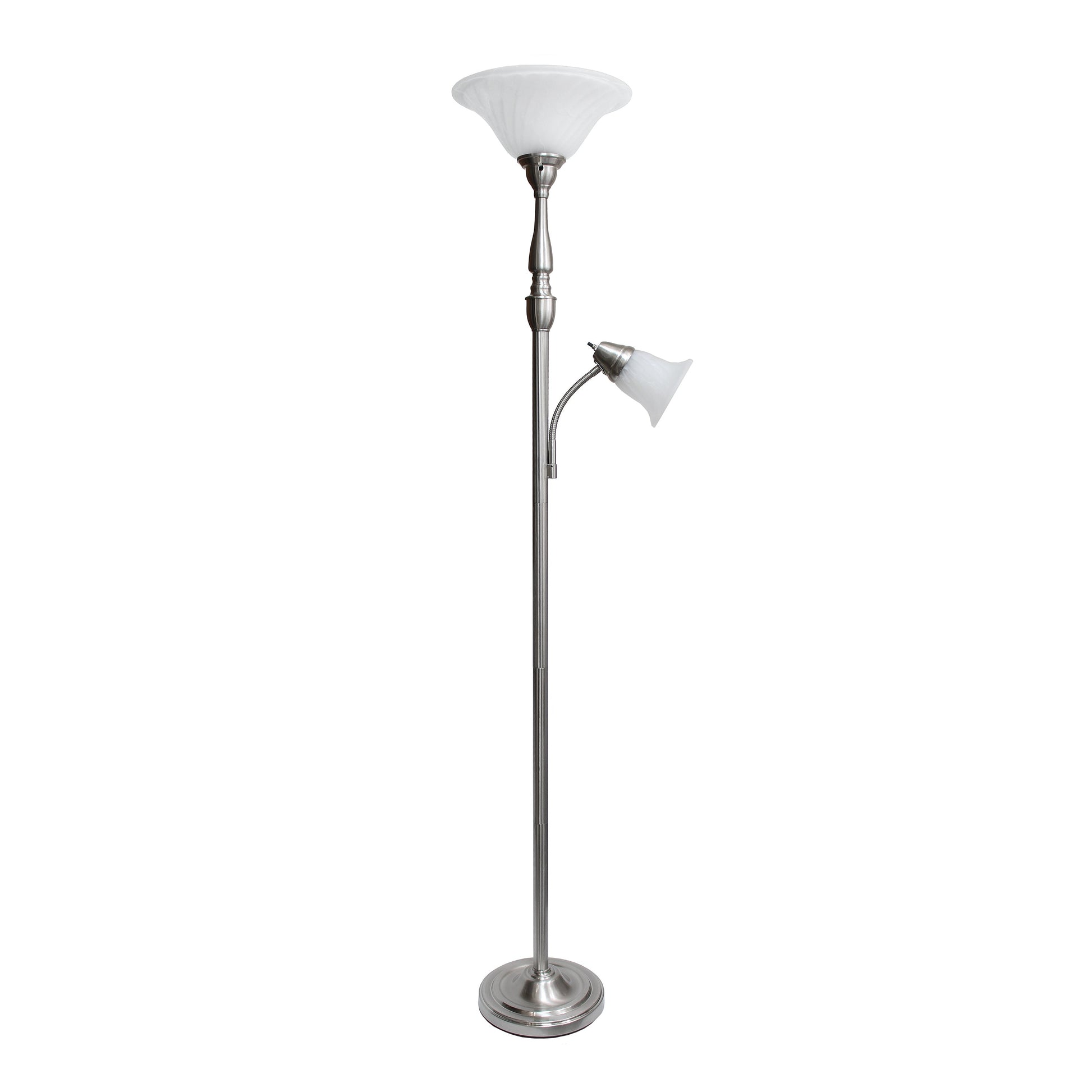 All The Rages Lalia Home Brushed Nickel Torchiere Floor Lamp With Reading Light & Marble Glass Shades