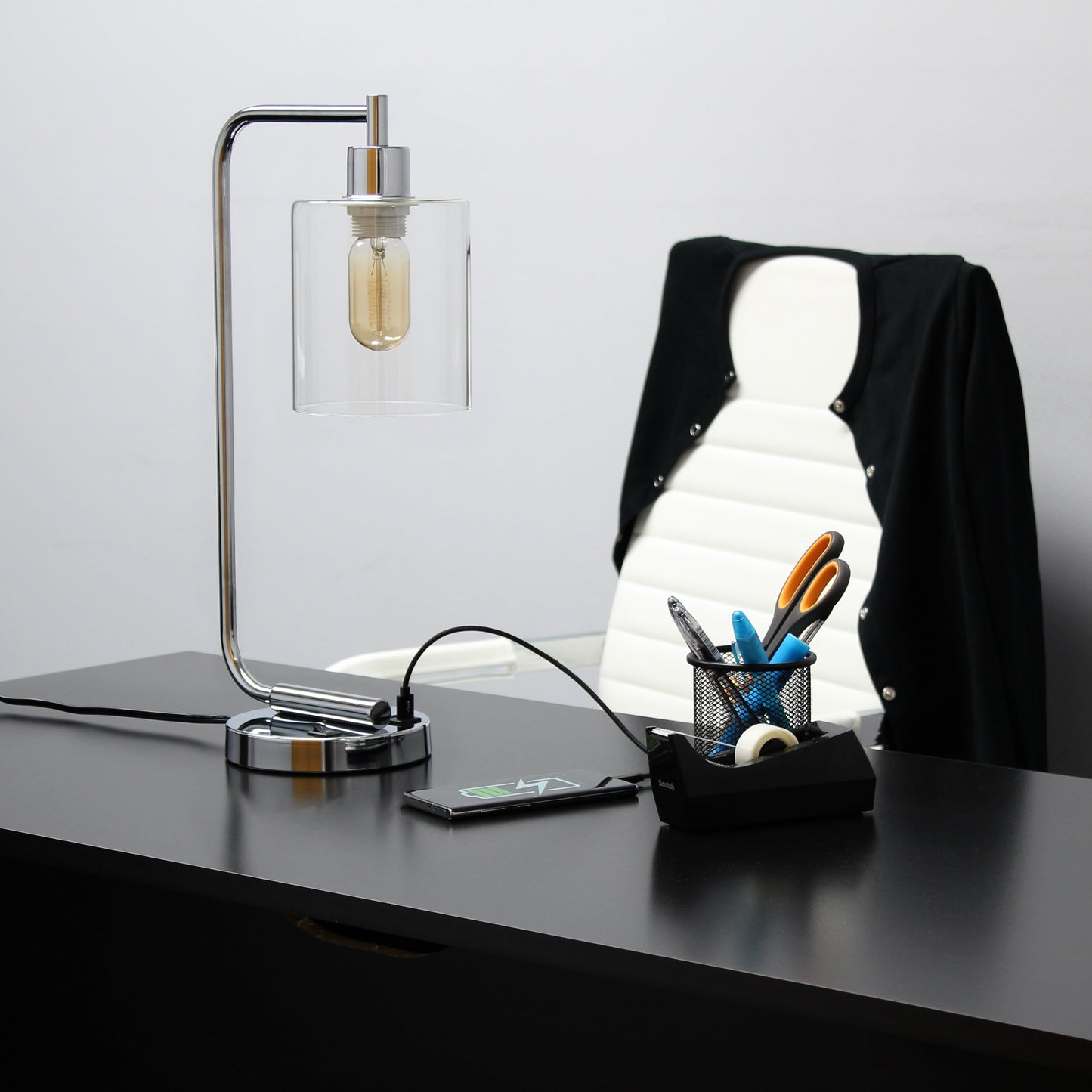 All The Rages Lalia Home Chrome Iron Table Lamp With USB Port & Glass Shade