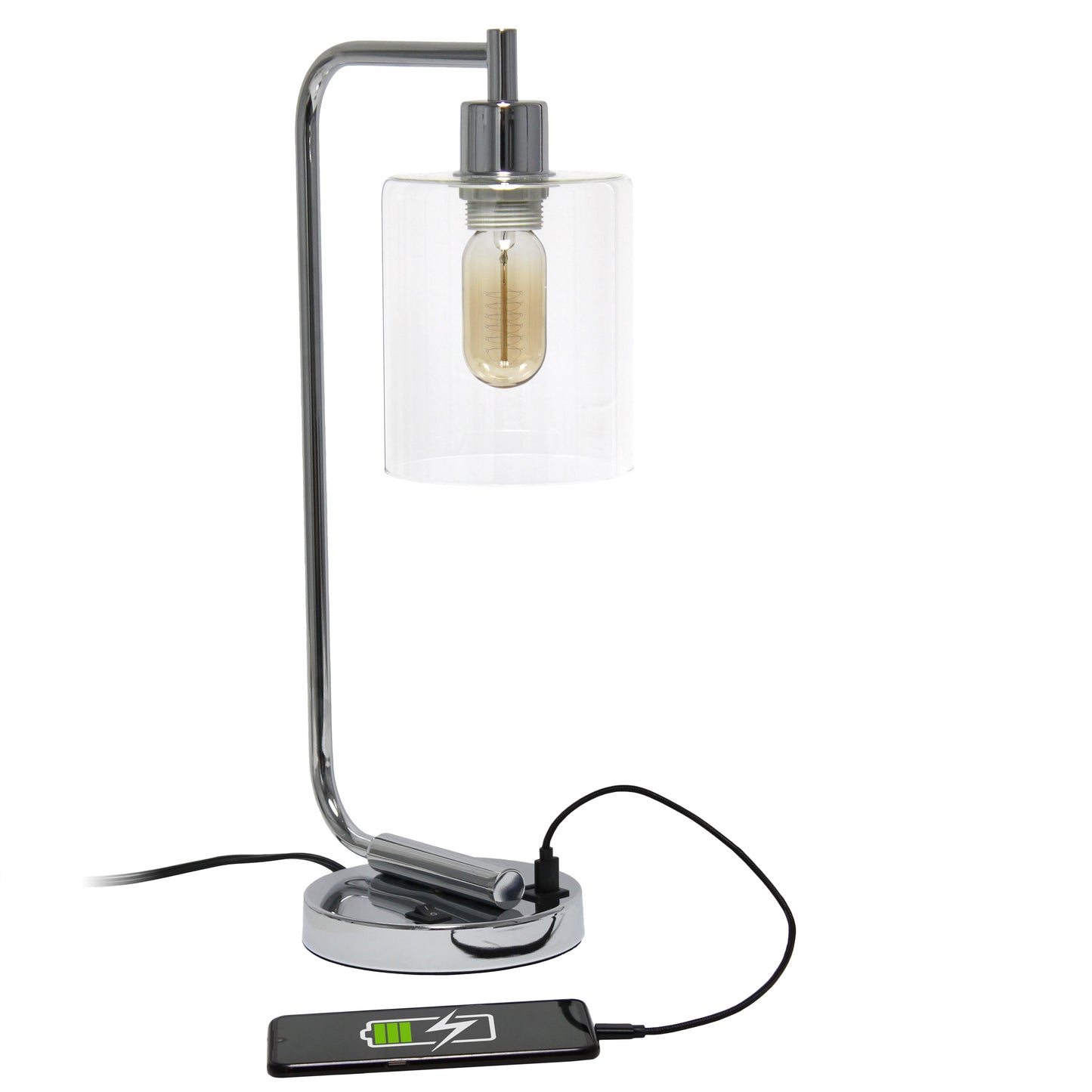 All The Rages Lalia Home Chrome Iron Table Lamp With USB Port & Glass Shade