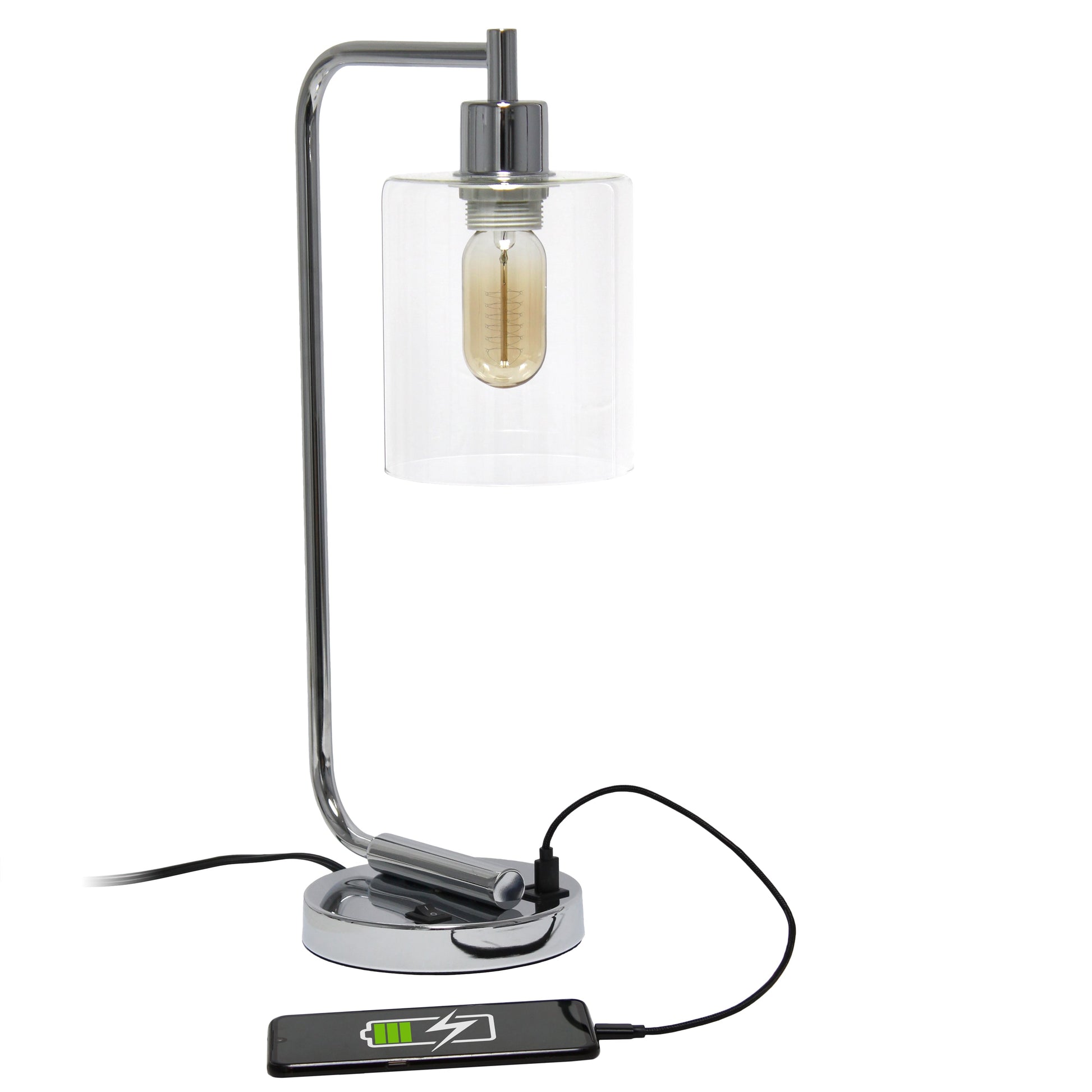 All The Rages Lalia Home Chrome Iron Table Lamp With USB Port & Glass Shade