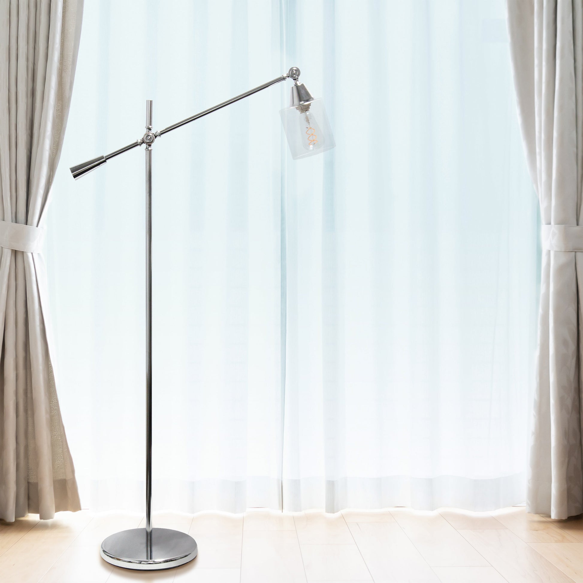 All The Rages Lalia Home Chrome Swing Arm Floor Lamp With Clear Glass Cylindrical Shade