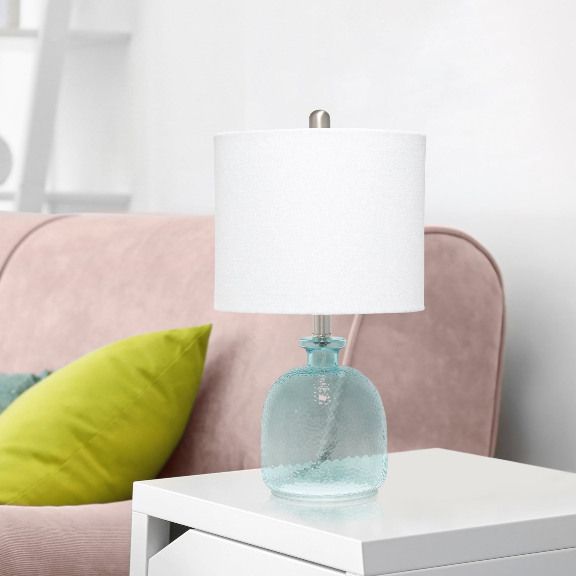 All The Rages Lalia Home Clear Blue Hammered Glass Jar Table Lamp With White Linen Shade