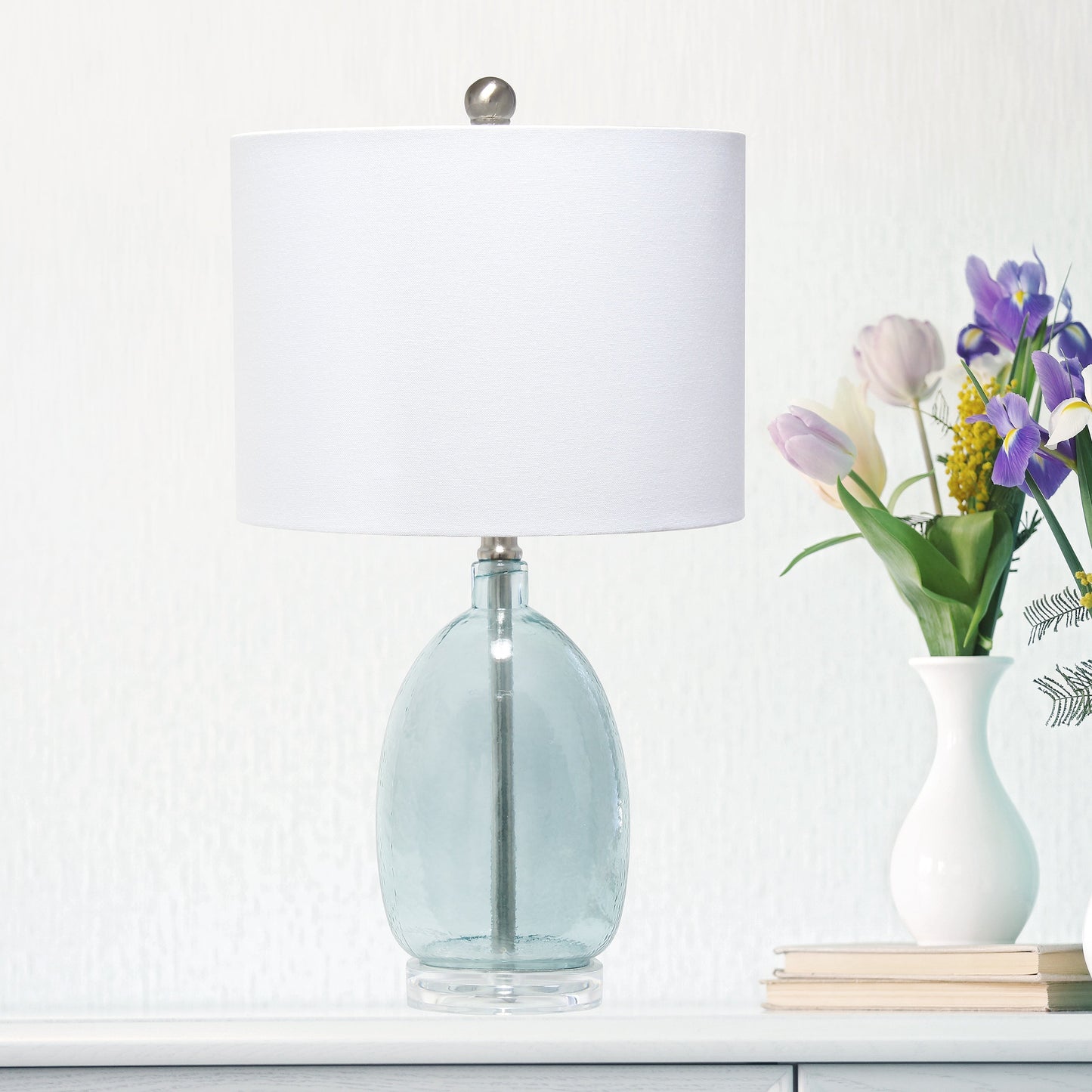 All The Rages Lalia Home Clear Blue Oval Glass Table Lamp With White Drum Shade