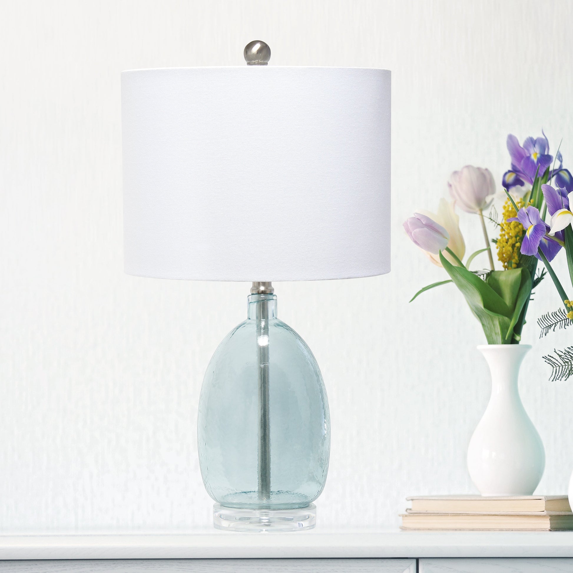 All The Rages Lalia Home Clear Blue Oval Glass Table Lamp With White Drum Shade