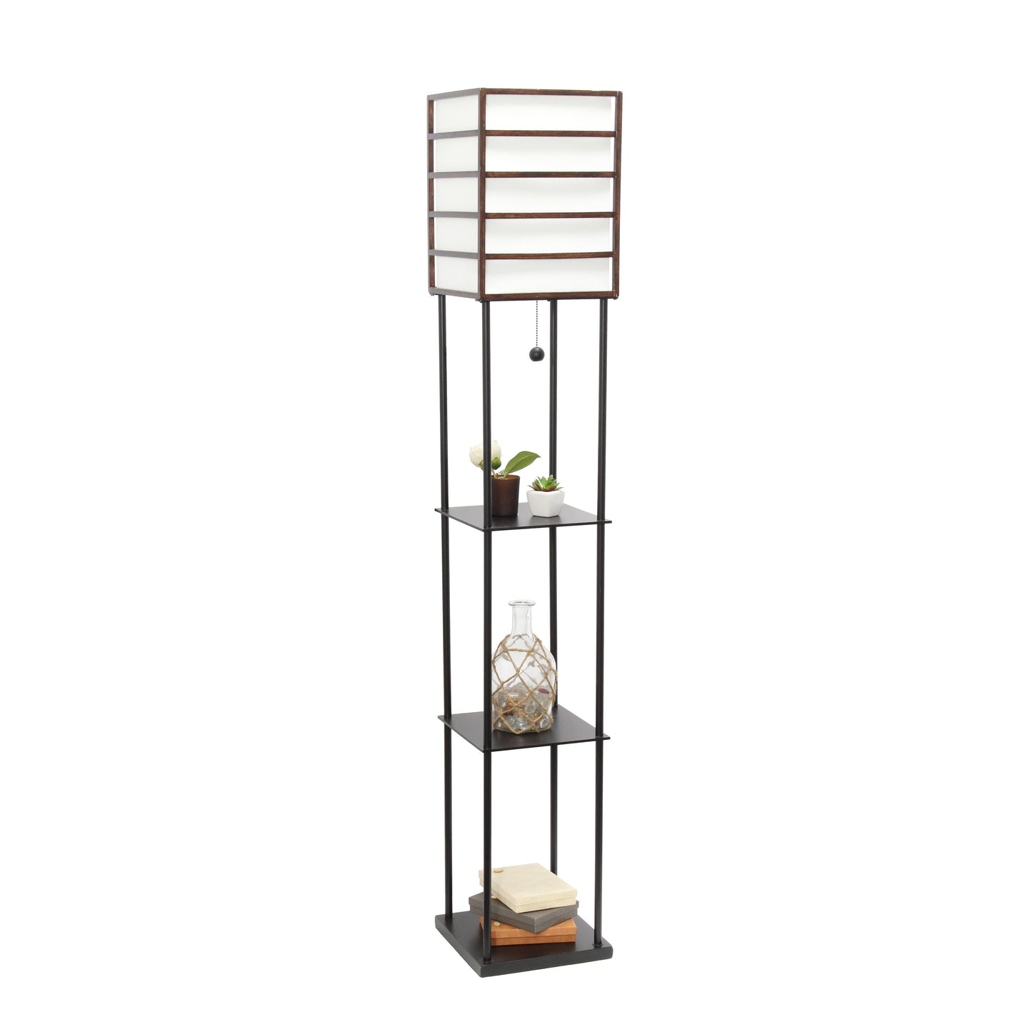 All The Rages Lalia Home Dark Wood Metal Etagere Floor Lamp With Storage Shelves & Linen Shade