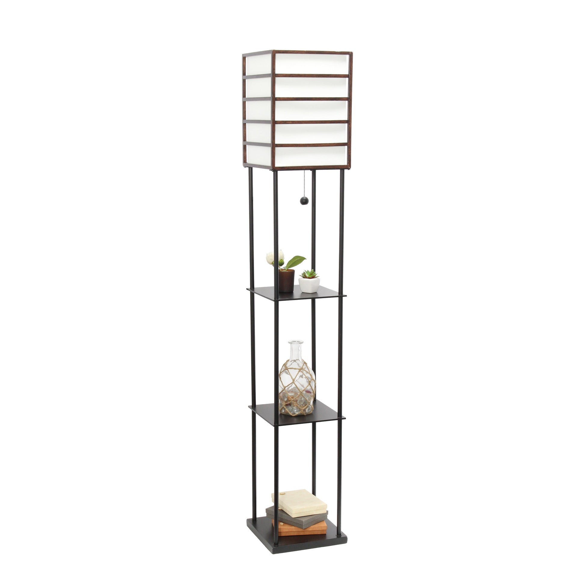 All The Rages Lalia Home Dark Wood Metal Etagere Floor Lamp With Storage Shelves & Linen Shade