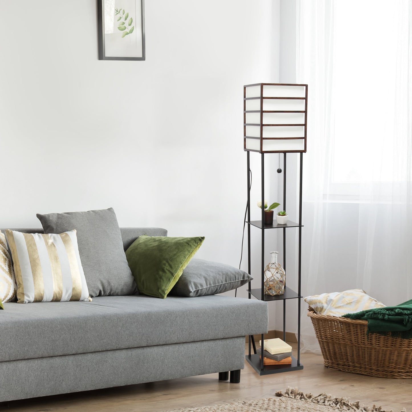 All The Rages Lalia Home Dark Wood Metal Etagere Floor Lamp With Storage Shelves & Linen Shade