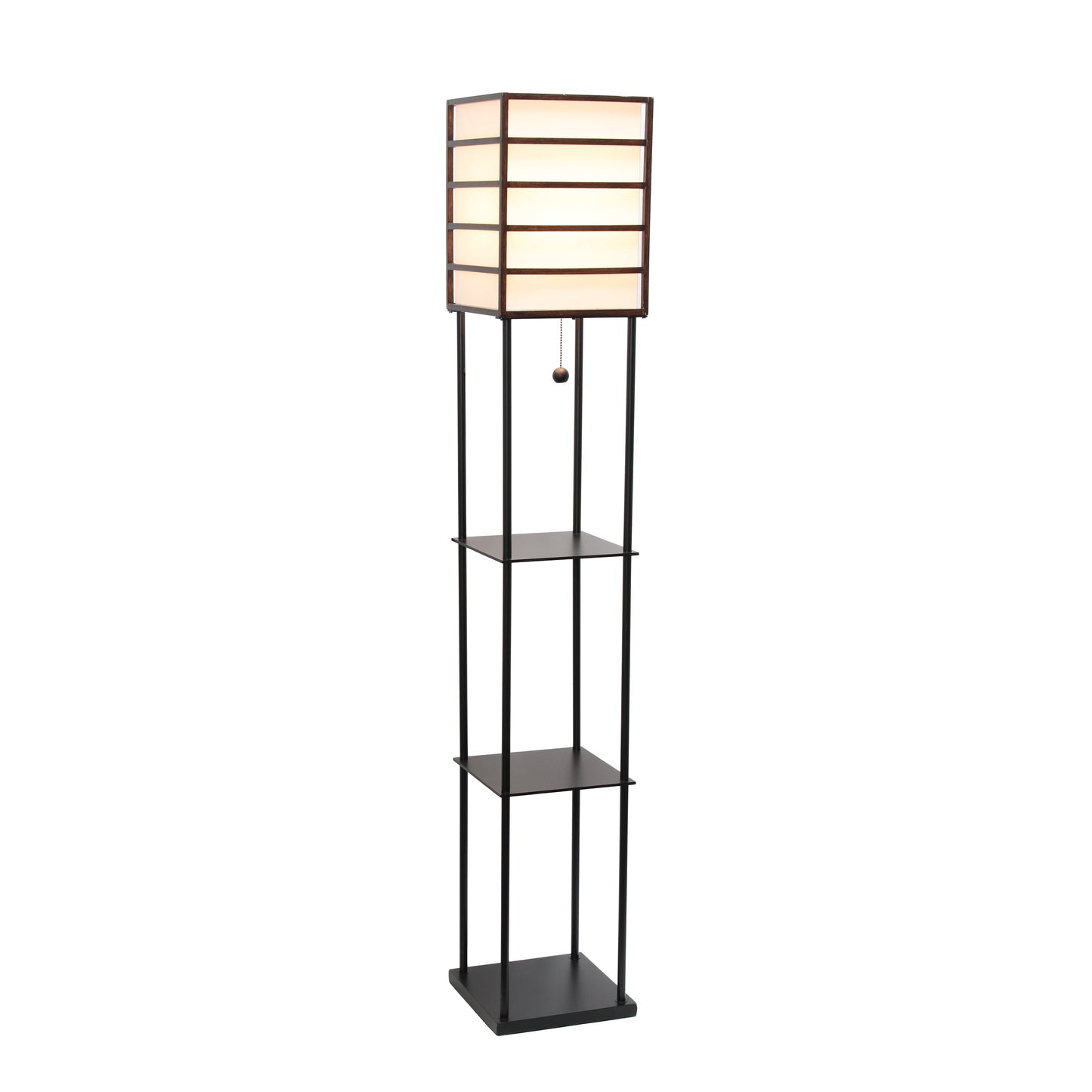 All The Rages Lalia Home Dark Wood Metal Etagere Floor Lamp With Storage Shelves & Linen Shade