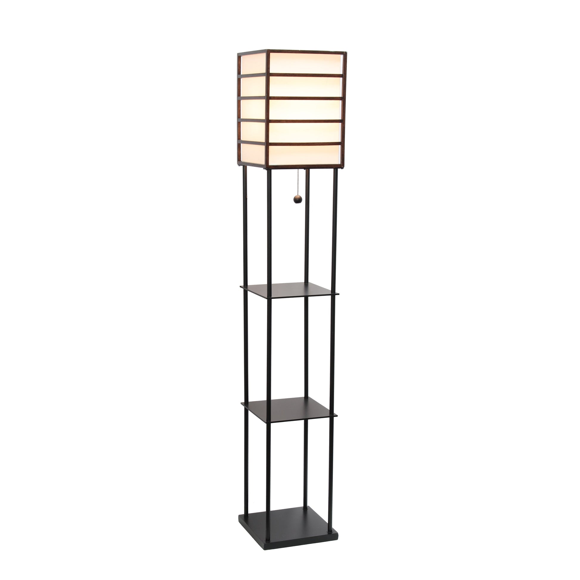 All The Rages Lalia Home Dark Wood Metal Etagere Floor Lamp With Storage Shelves & Linen Shade
