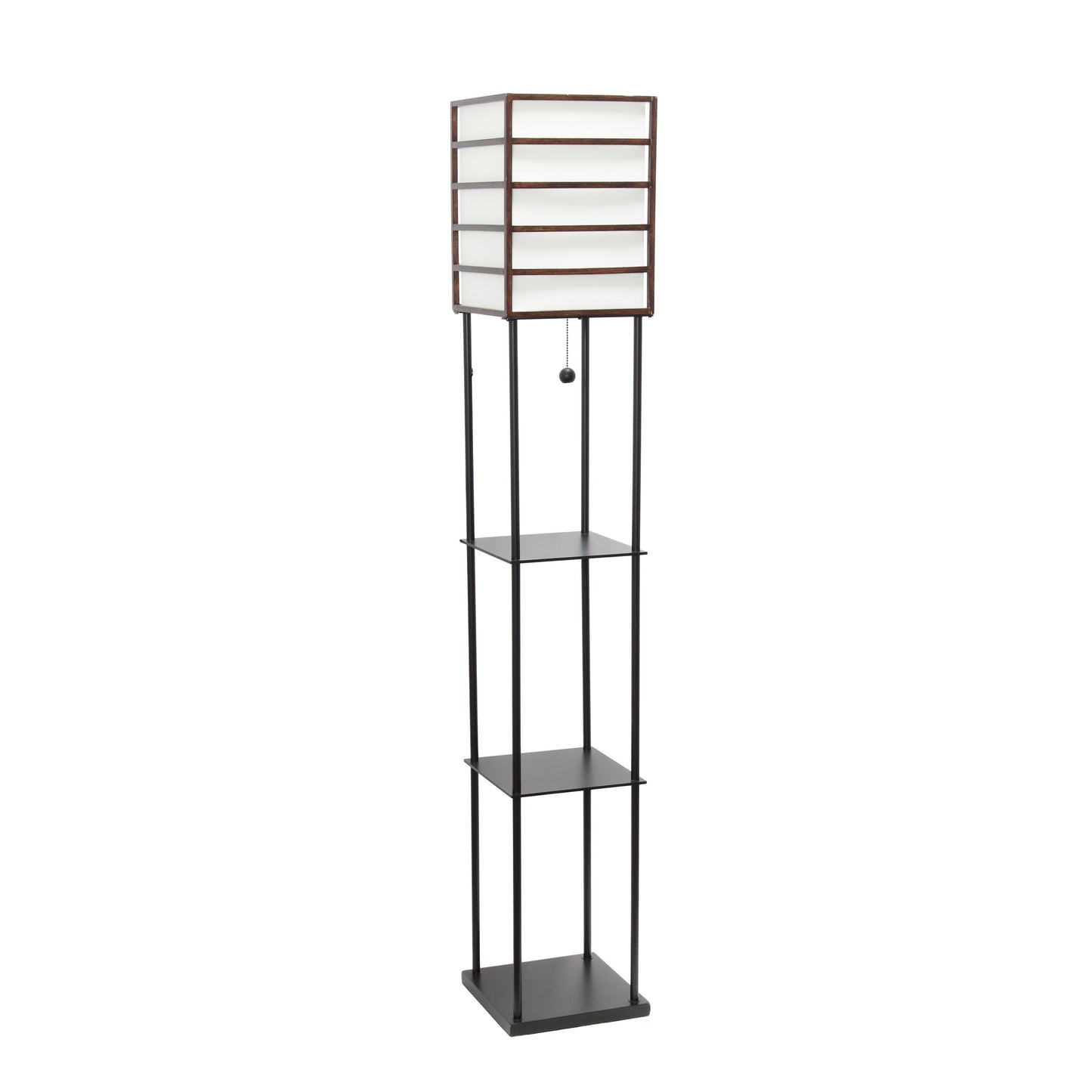 All The Rages Lalia Home Dark Wood Metal Etagere Floor Lamp With Storage Shelves & Linen Shade