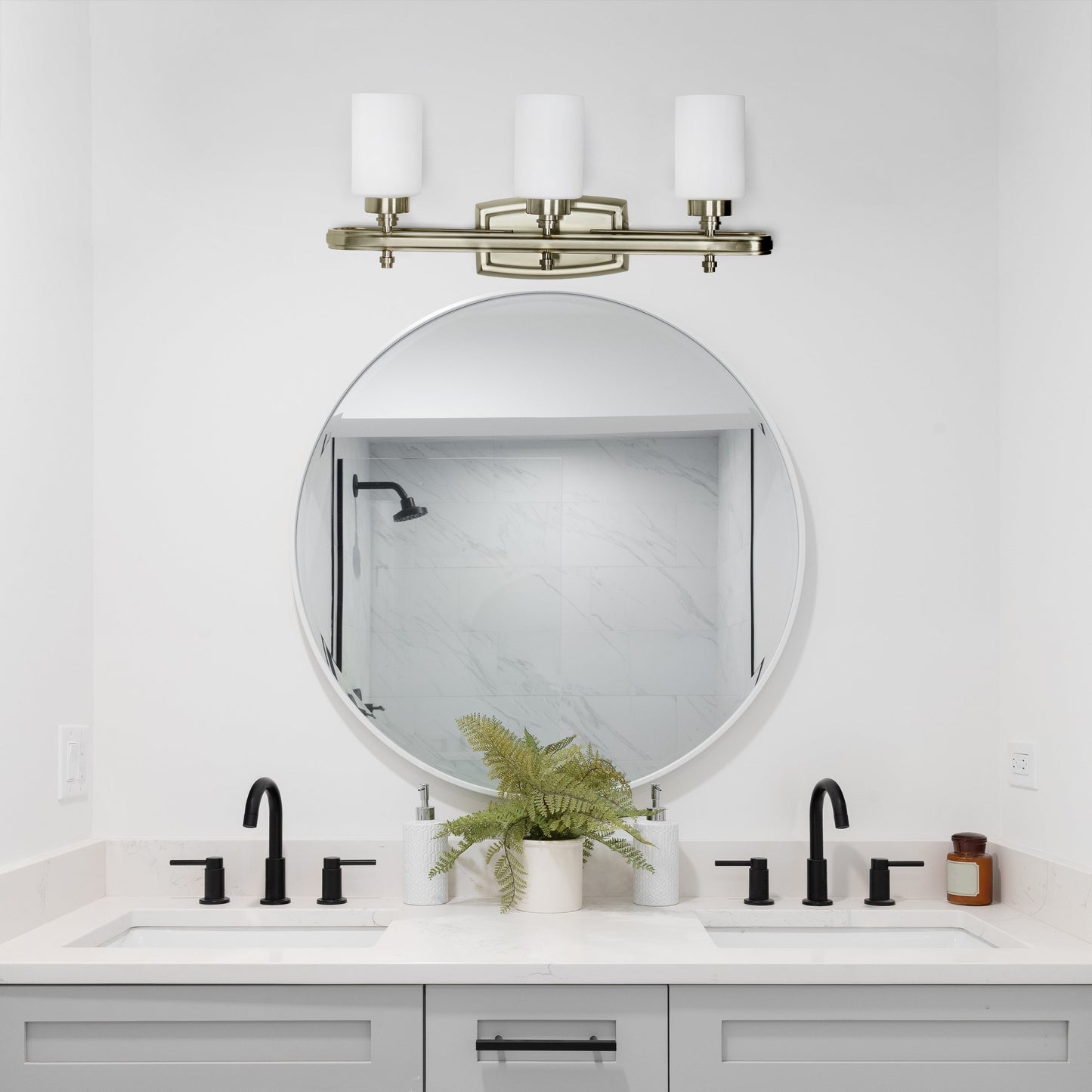 All The Rages Lalia Home Essentix Antique Brass 3-Light Contemporary Vanity Light With Opaque White Glass Shades