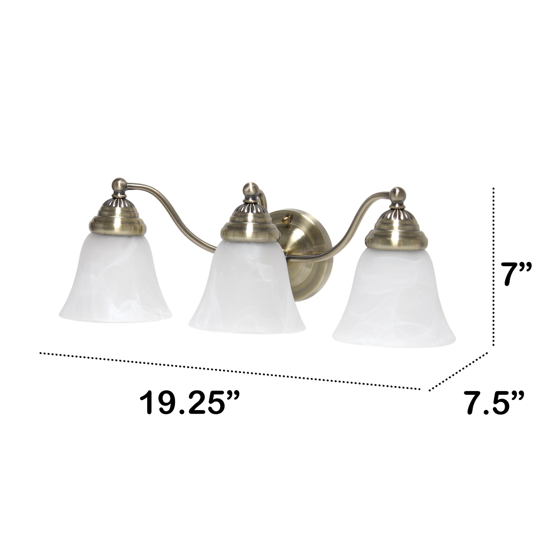 All The Rages Lalia Home Essentix Antique Brass 3-Light Curved Metal Vanity Light With Alabaster White Glass Shades