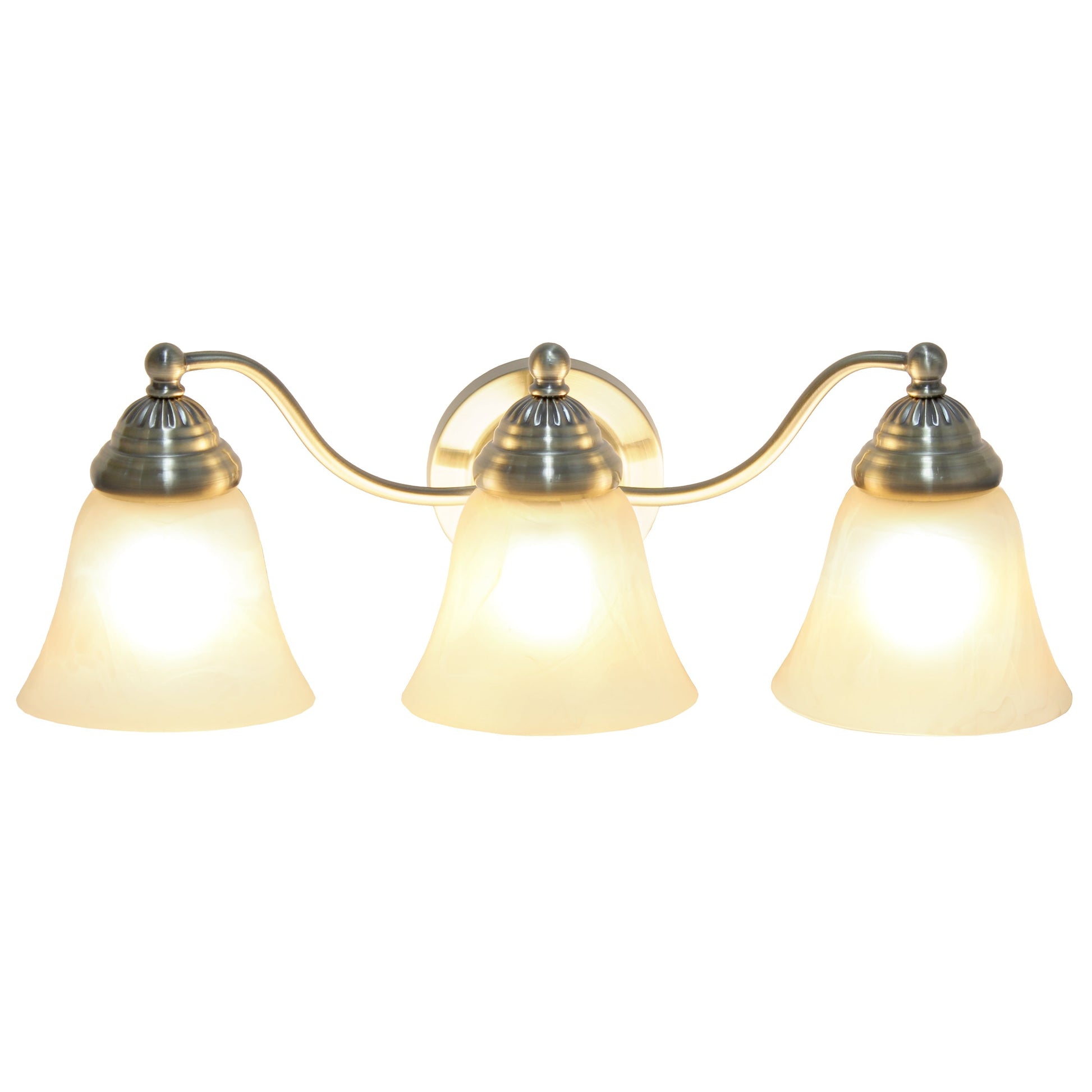 All The Rages Lalia Home Essentix Antique Brass 3-Light Curved Metal Vanity Light With Alabaster White Glass Shades