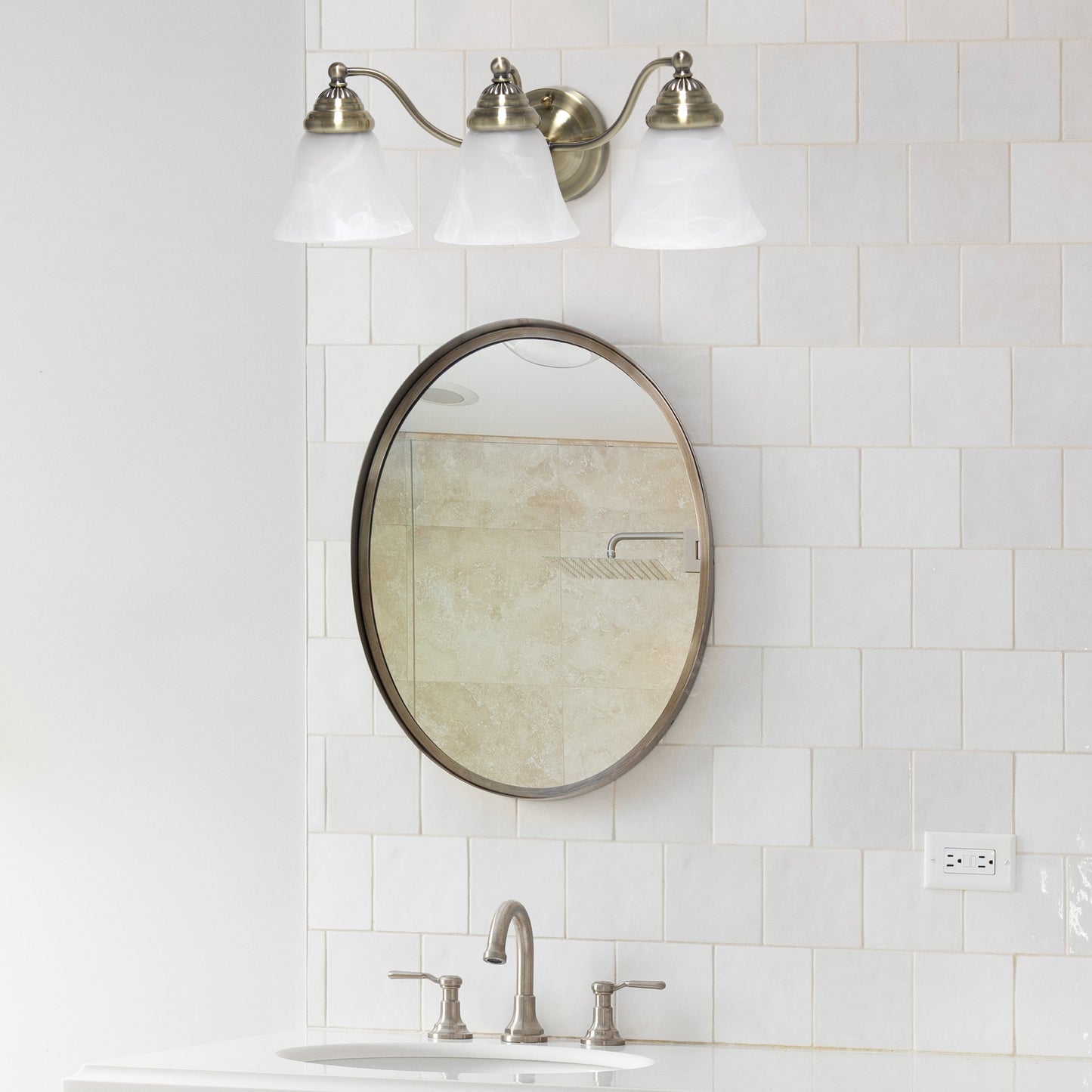 All The Rages Lalia Home Essentix Antique Brass 3-Light Curved Metal Vanity Light With Alabaster White Glass Shades