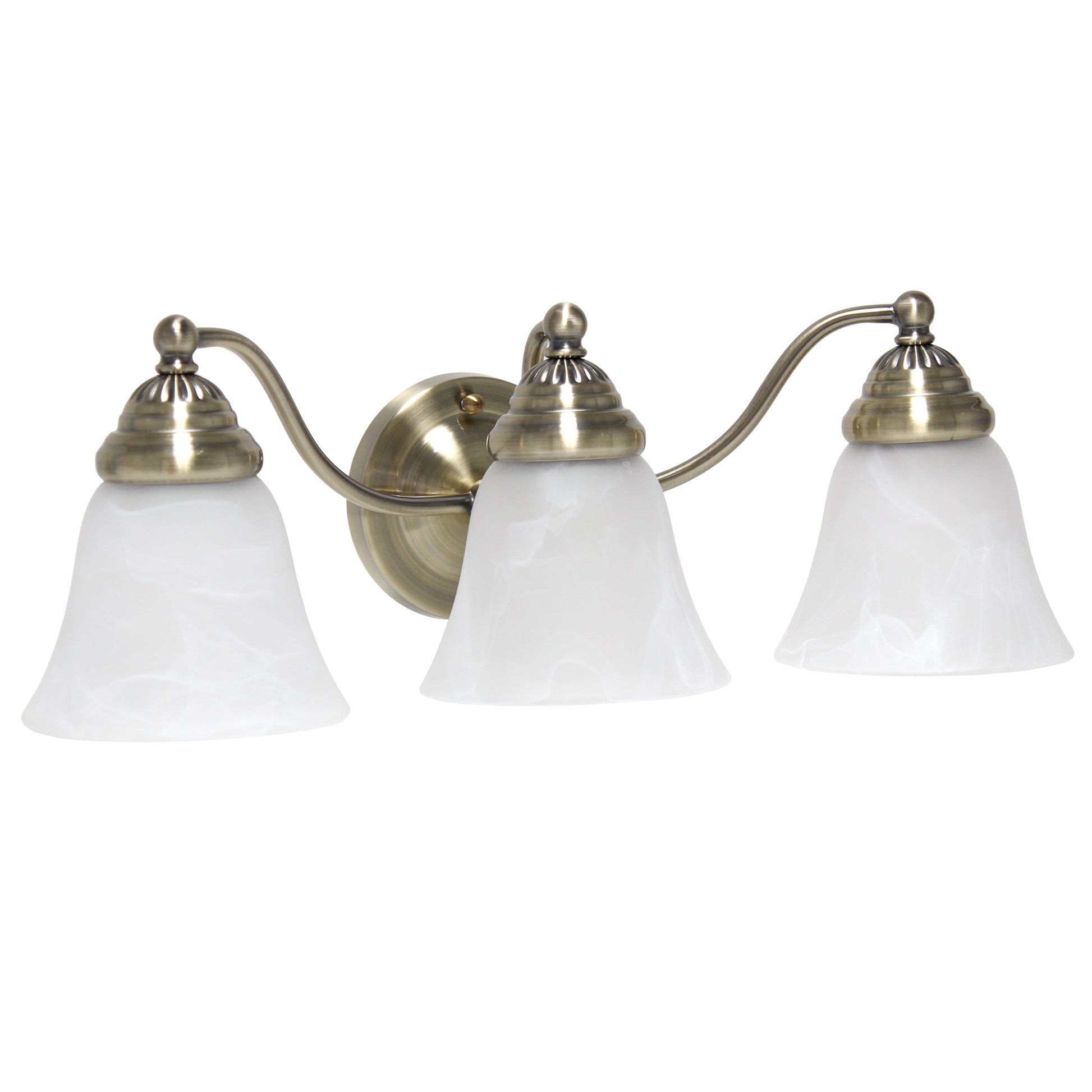 All The Rages Lalia Home Essentix Antique Brass 3-Light Curved Metal Vanity Light With Alabaster White Glass Shades