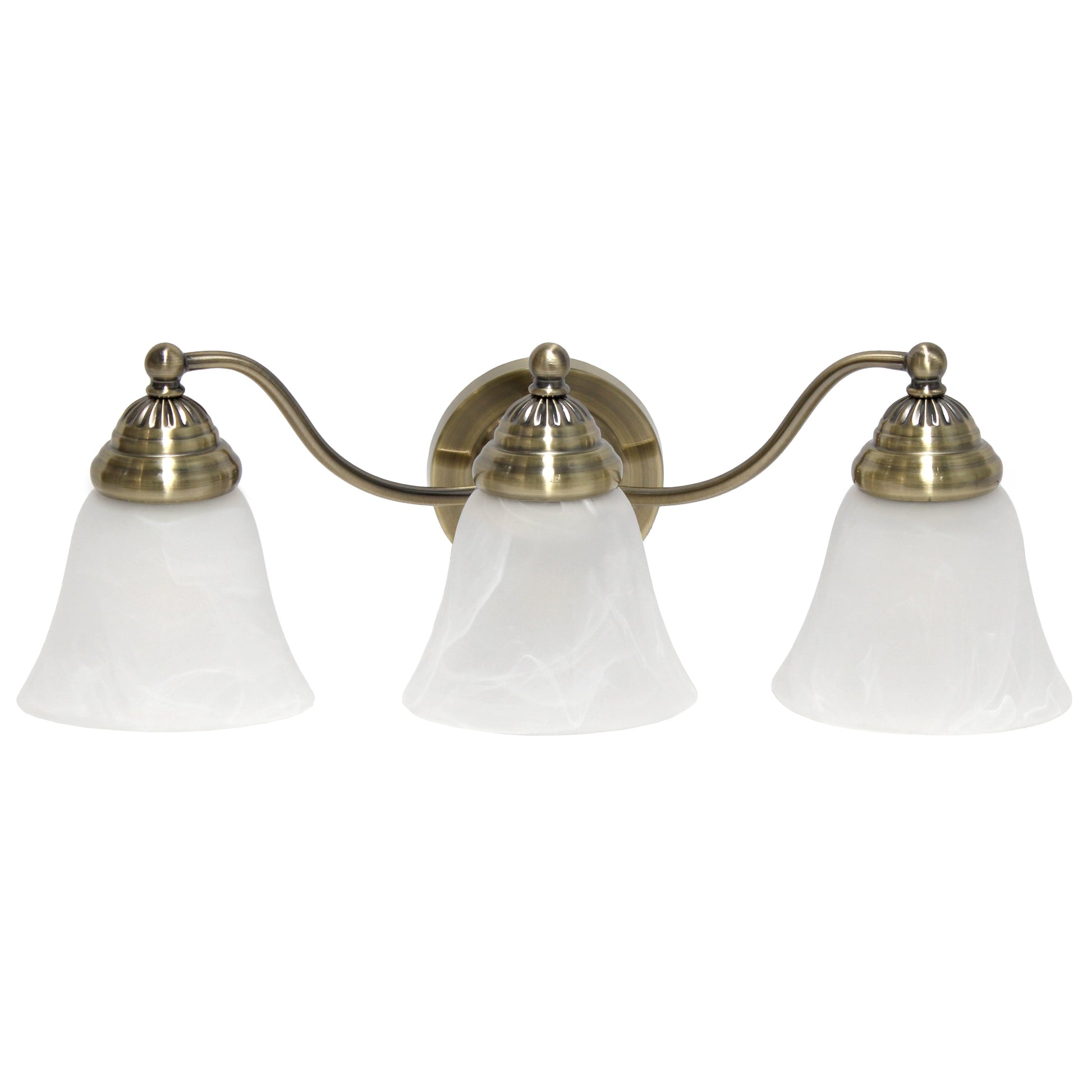 All The Rages Lalia Home Essentix Antique Brass 3-Light Curved Metal Vanity Light With Alabaster White Glass Shades