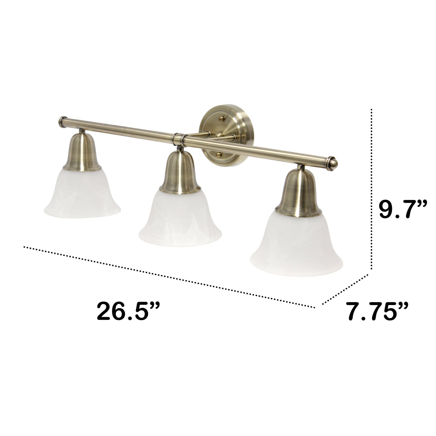 All The Rages Lalia Home Essentix Antique Brass 3-Light Vanity Light With Bell-Shaped Alabaster White Glass Shades