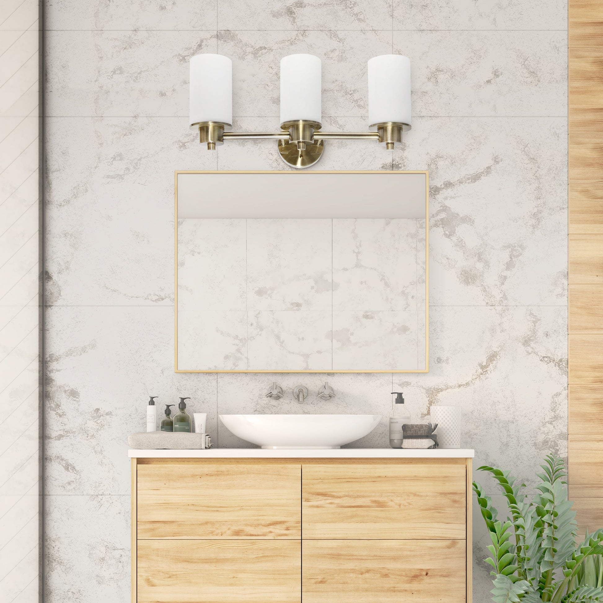 All The Rages Lalia Home Essentix Antique Brass 3-Light Vanity Light With Opaque White Glass Shades