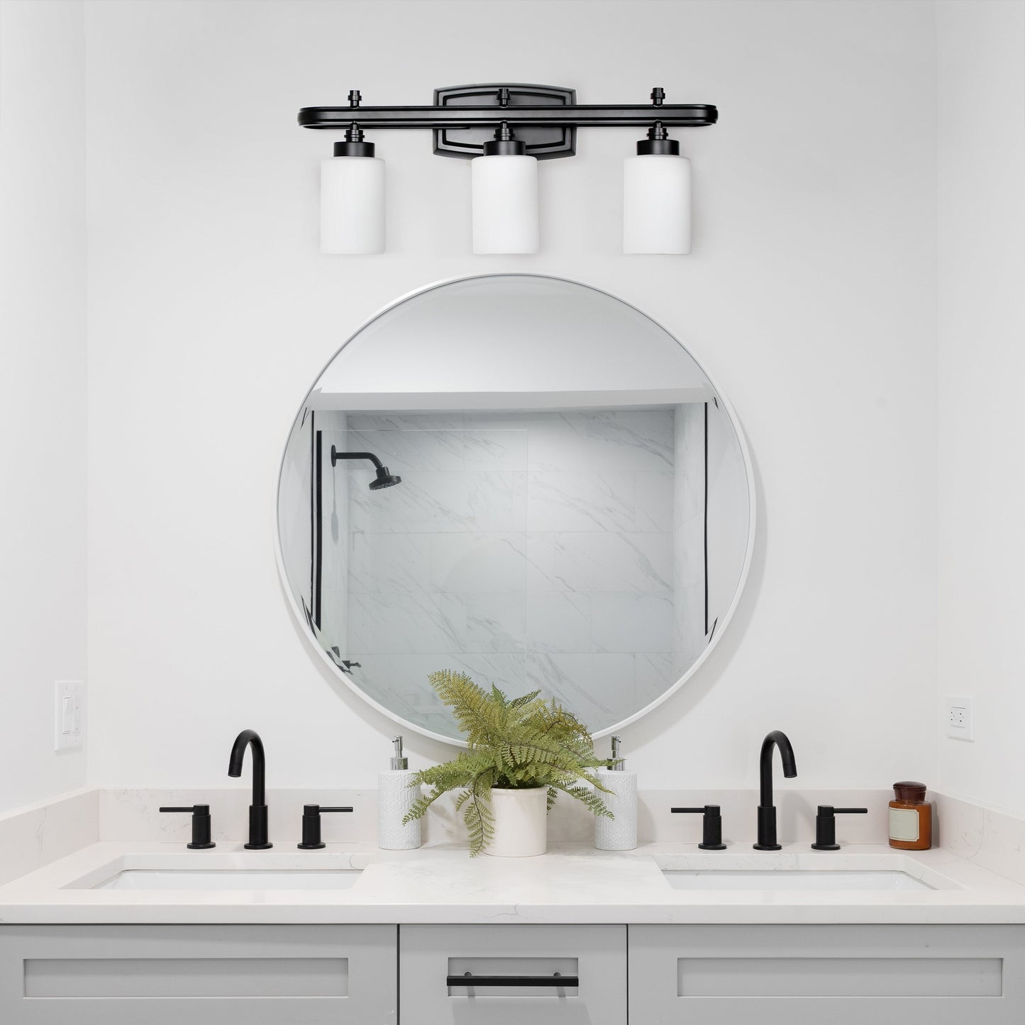 All The Rages Lalia Home Essentix Black 3-Light Contemporary Vanity Light With Opaque White Glass Shades