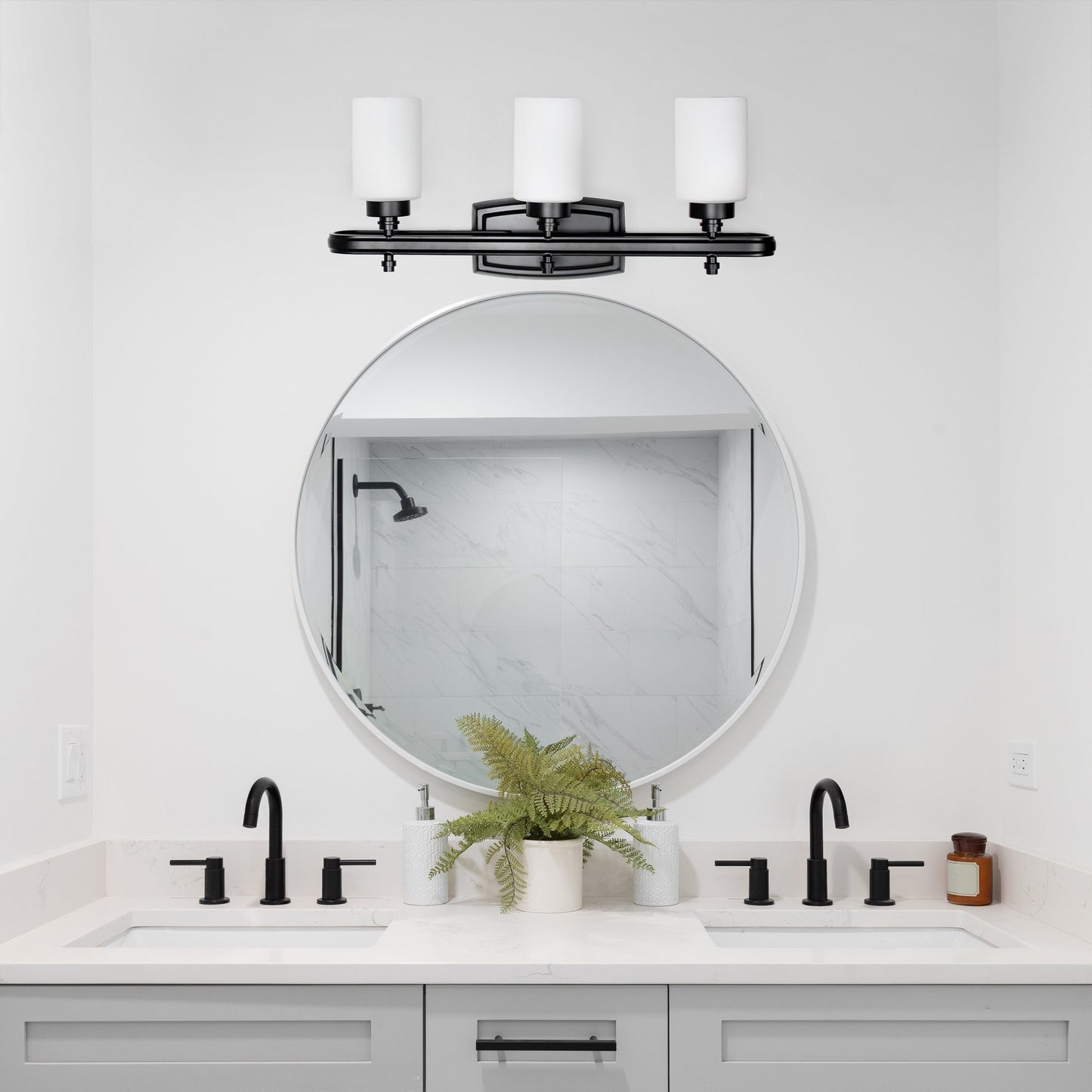 All The Rages Lalia Home Essentix Black 3-Light Contemporary Vanity Light With Opaque White Glass Shades