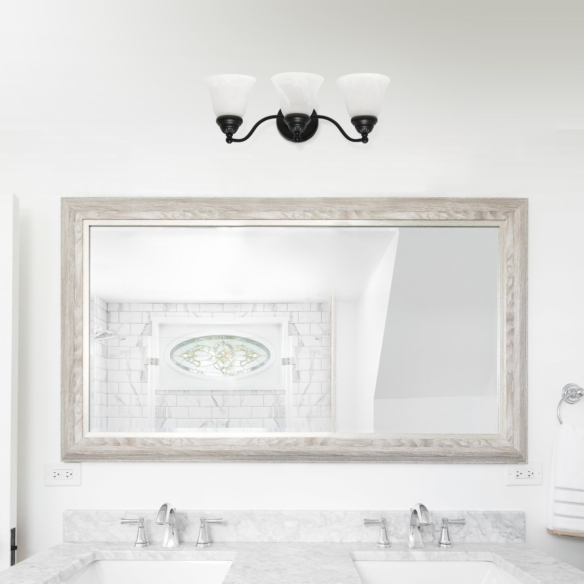 All The Rages Lalia Home Essentix Black 3-Light Curved Metal Vanity Light With Alabaster White Glass Shades