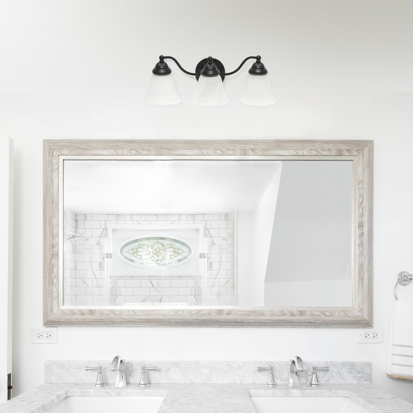 All The Rages Lalia Home Essentix Black 3-Light Curved Metal Vanity Light With Alabaster White Glass Shades