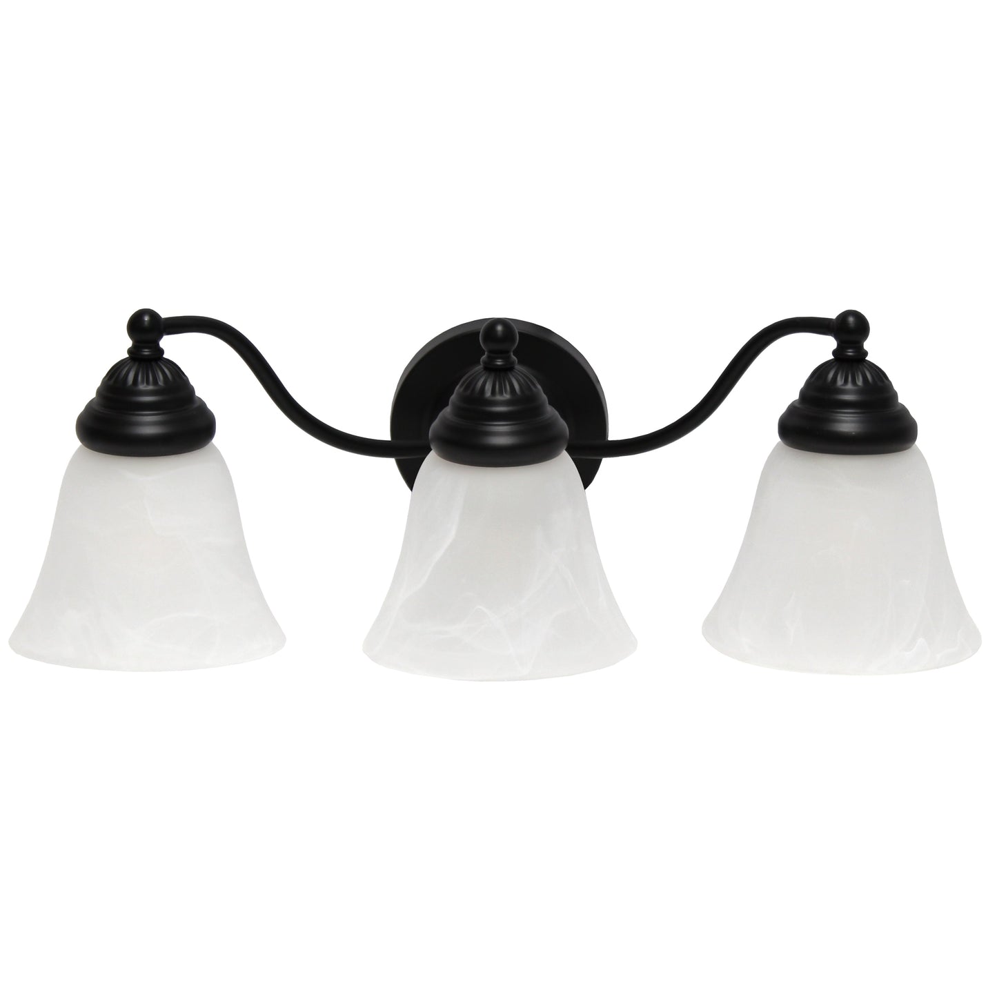 All The Rages Lalia Home Essentix Black 3-Light Curved Metal Vanity Light With Alabaster White Glass Shades