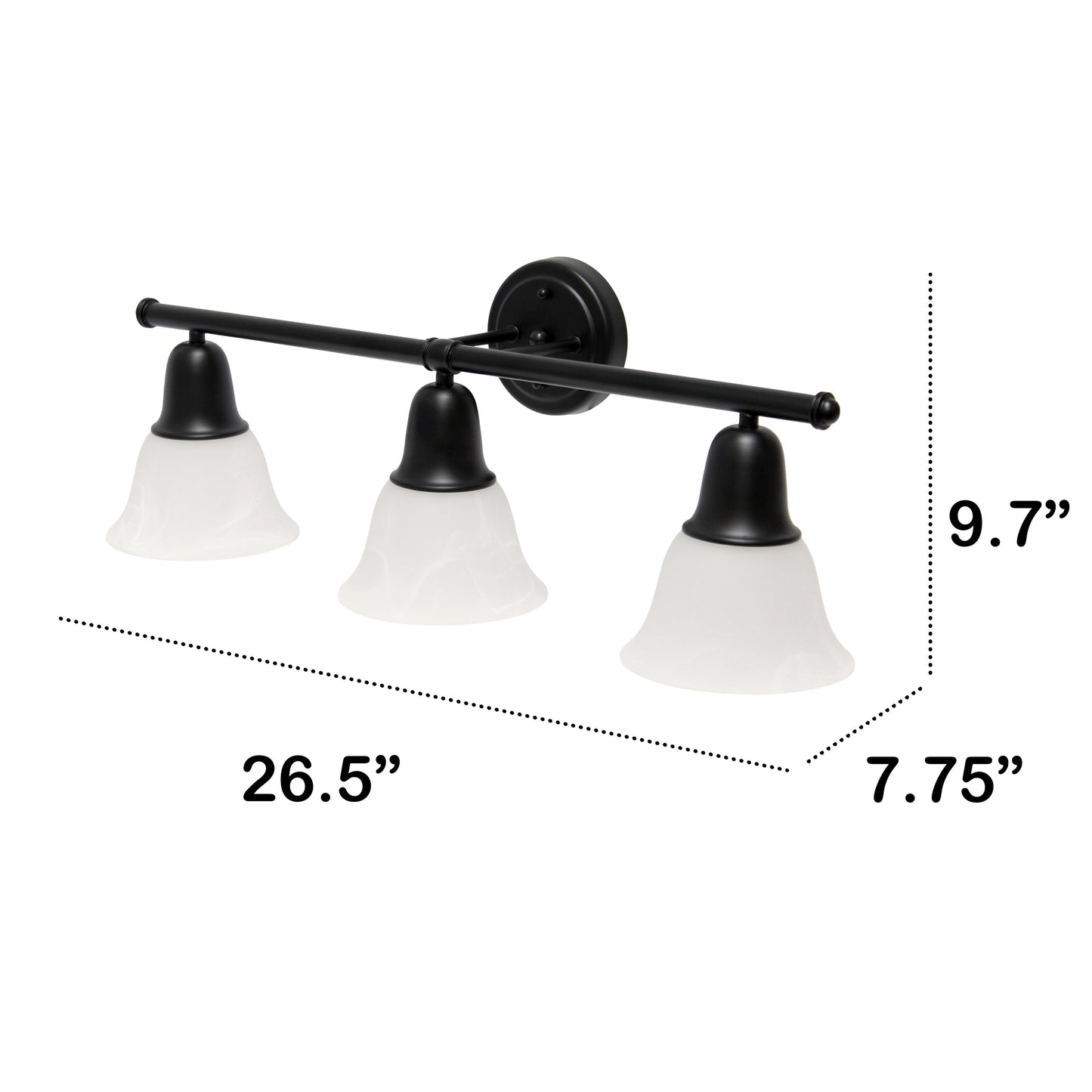 All The Rages Lalia Home Essentix Black 3-Light Vanity Light With Bell-Shaped Alabaster White Glass Shades