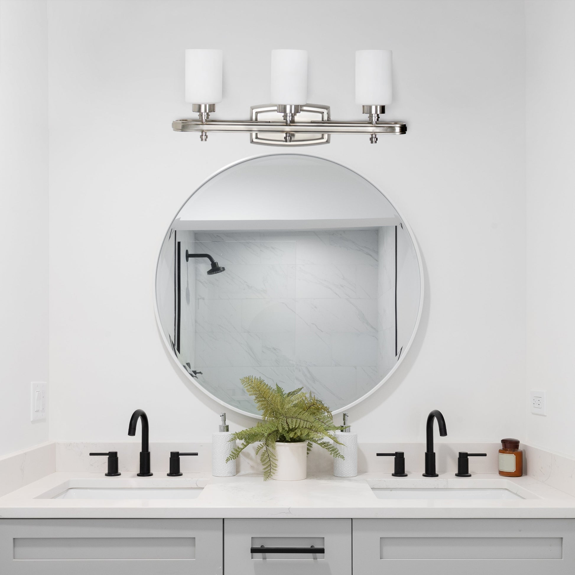 All The Rages Lalia Home Essentix Brushed Nickel 3-Light Contemporary Vanity Light With Opaque White Glass Shades