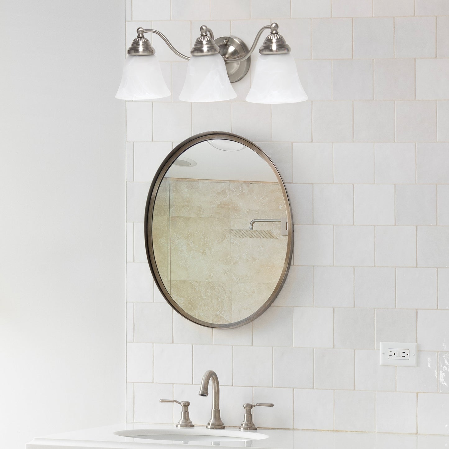 All The Rages Lalia Home Essentix Brushed Nickel 3-Light Curved Metal Vanity Light With Alabaster White Glass Shades