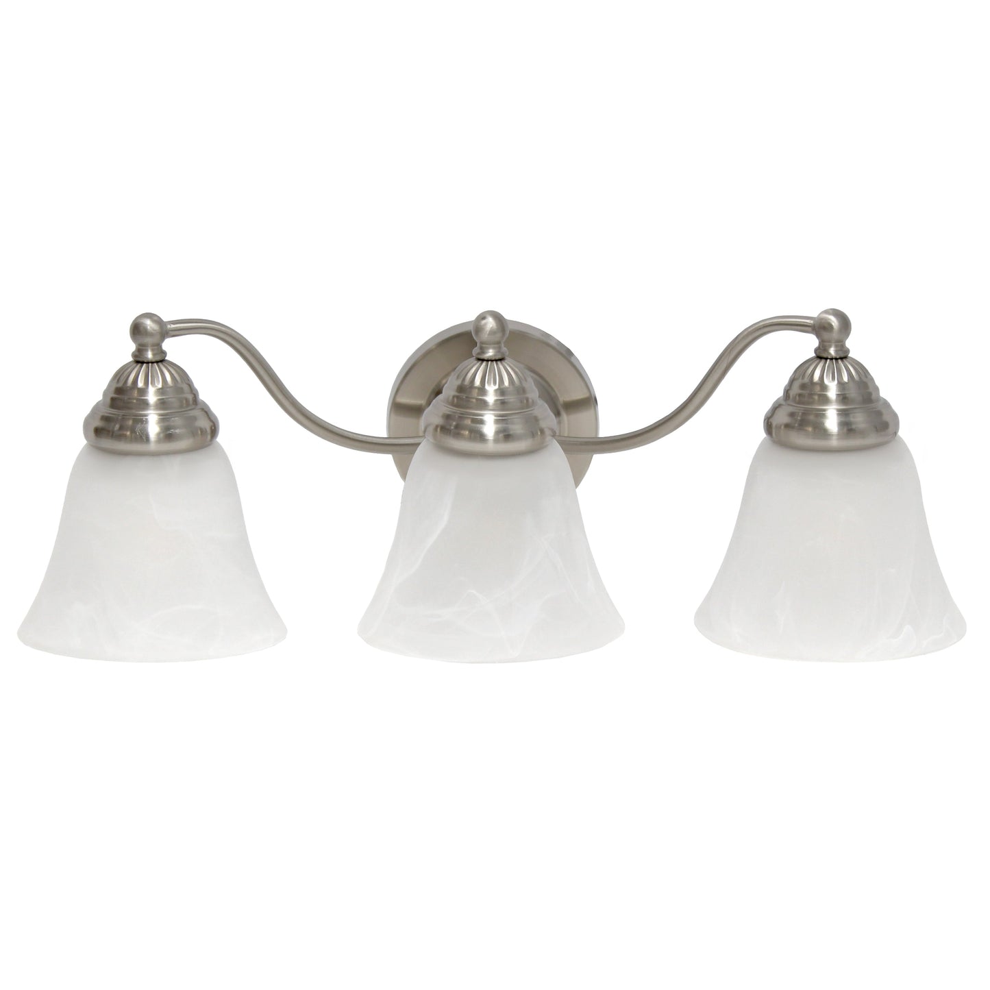 All The Rages Lalia Home Essentix Brushed Nickel 3-Light Curved Metal Vanity Light With Alabaster White Glass Shades